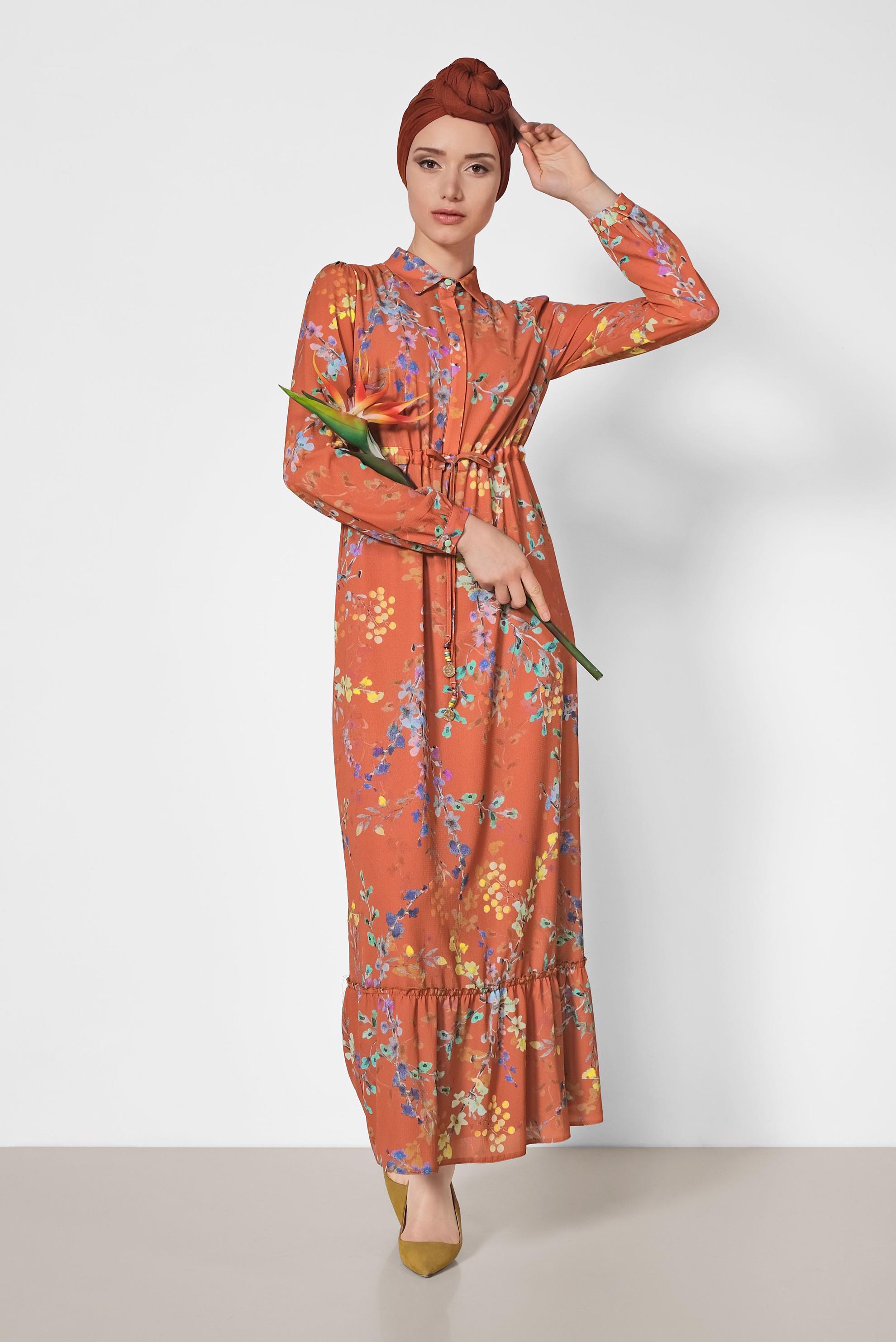 Tesettür giyim TURUNCU ÇİÇEK DESENLİ ELBİSE 4048