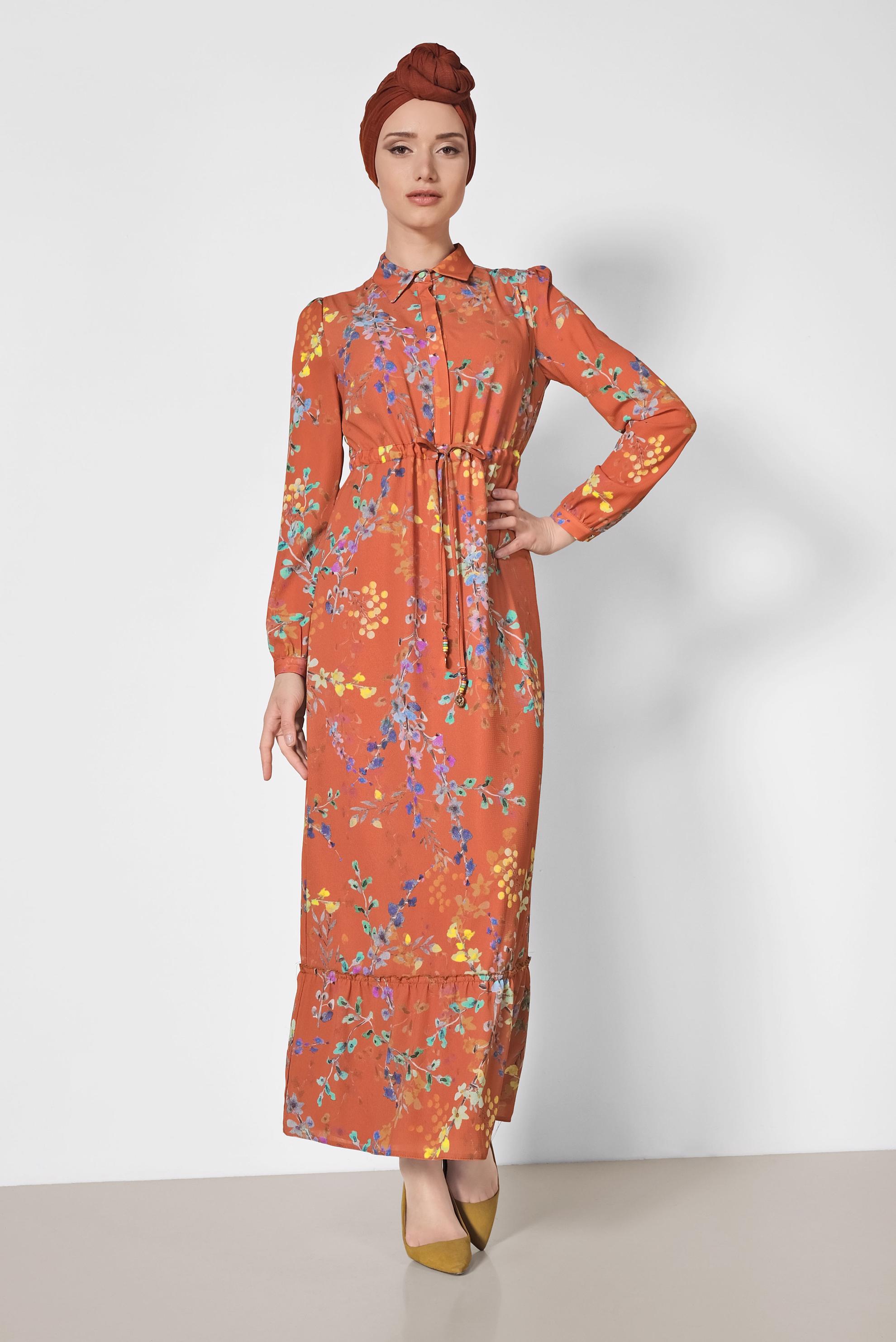 Tesettür giyim TURUNCU ÇİÇEK DESENLİ ELBİSE 4048