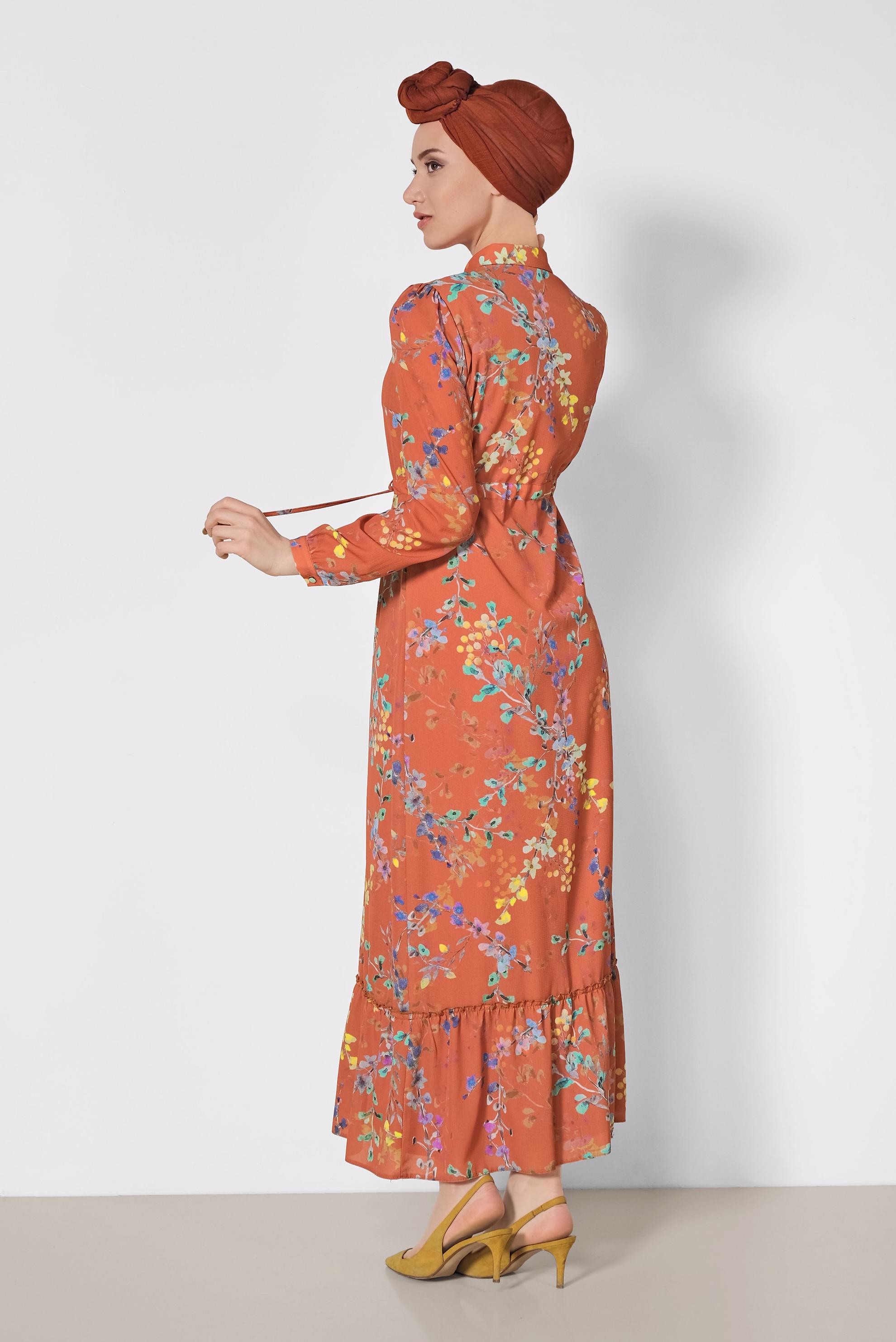 Tesettür giyim TURUNCU ÇİÇEK DESENLİ ELBİSE 4048