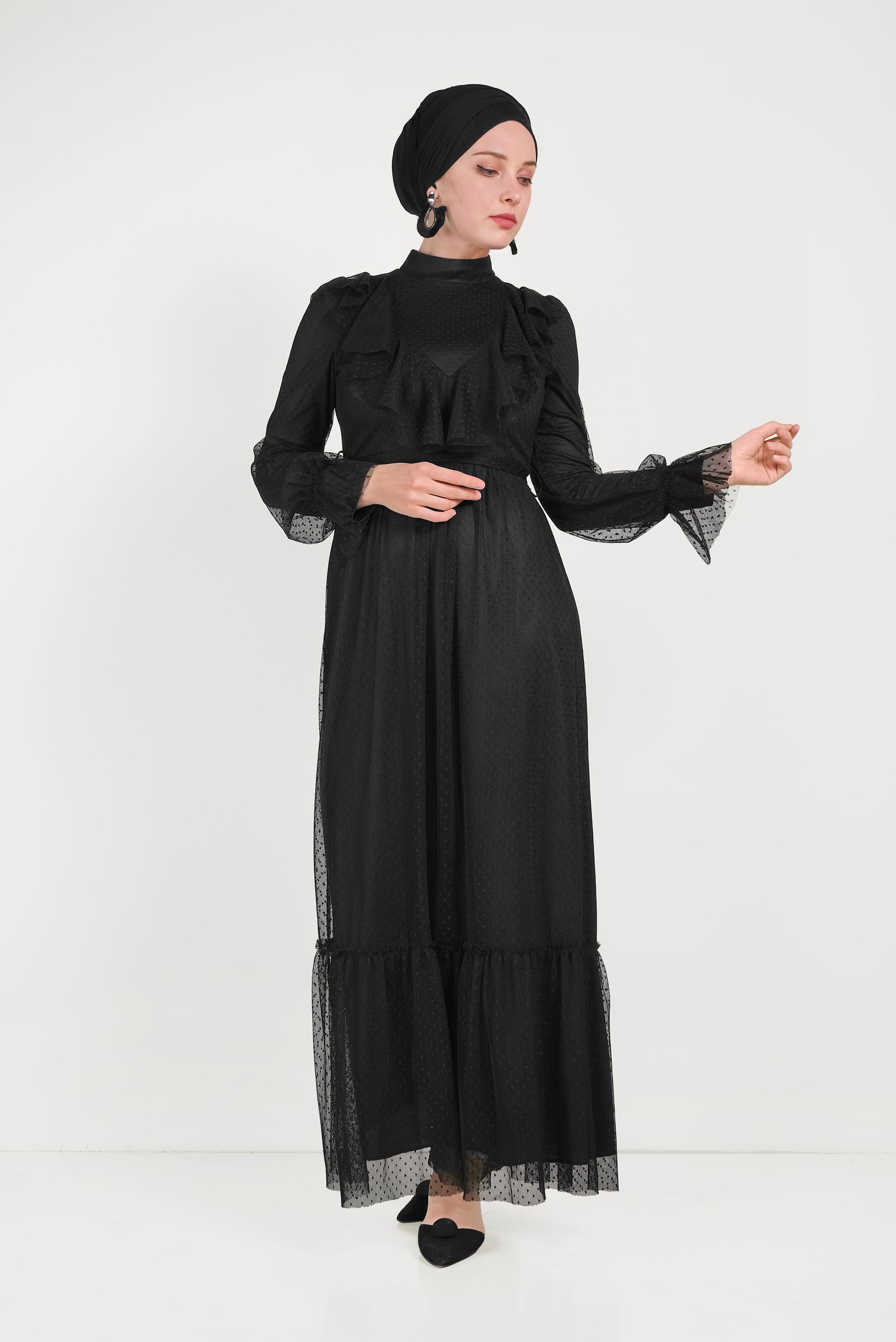 Tesettür giyim SİYAH DANTELLİ FIRFIRLI ELBİSE 40485