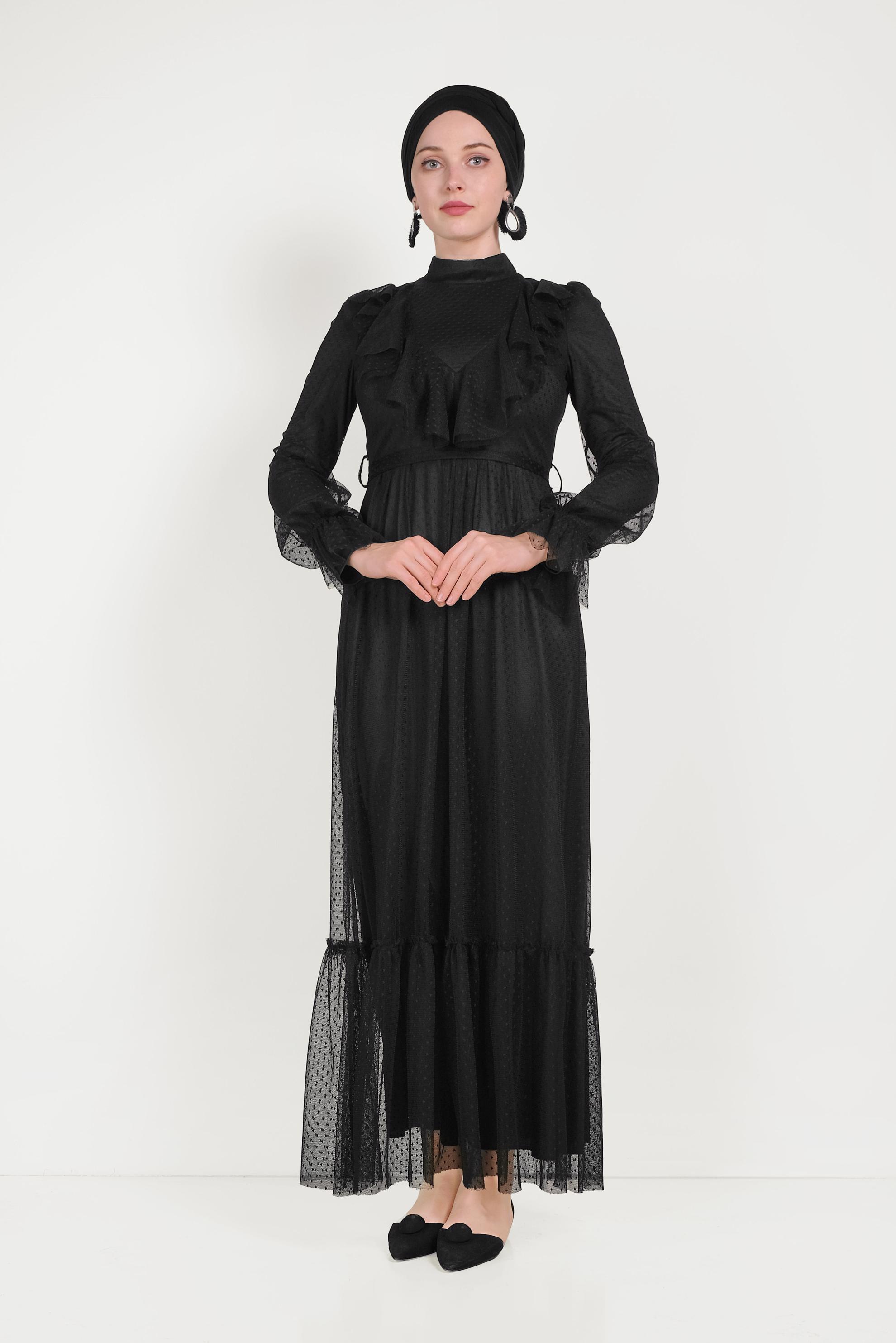 Tesettür giyim SİYAH DANTELLİ FIRFIRLI ELBİSE 40485