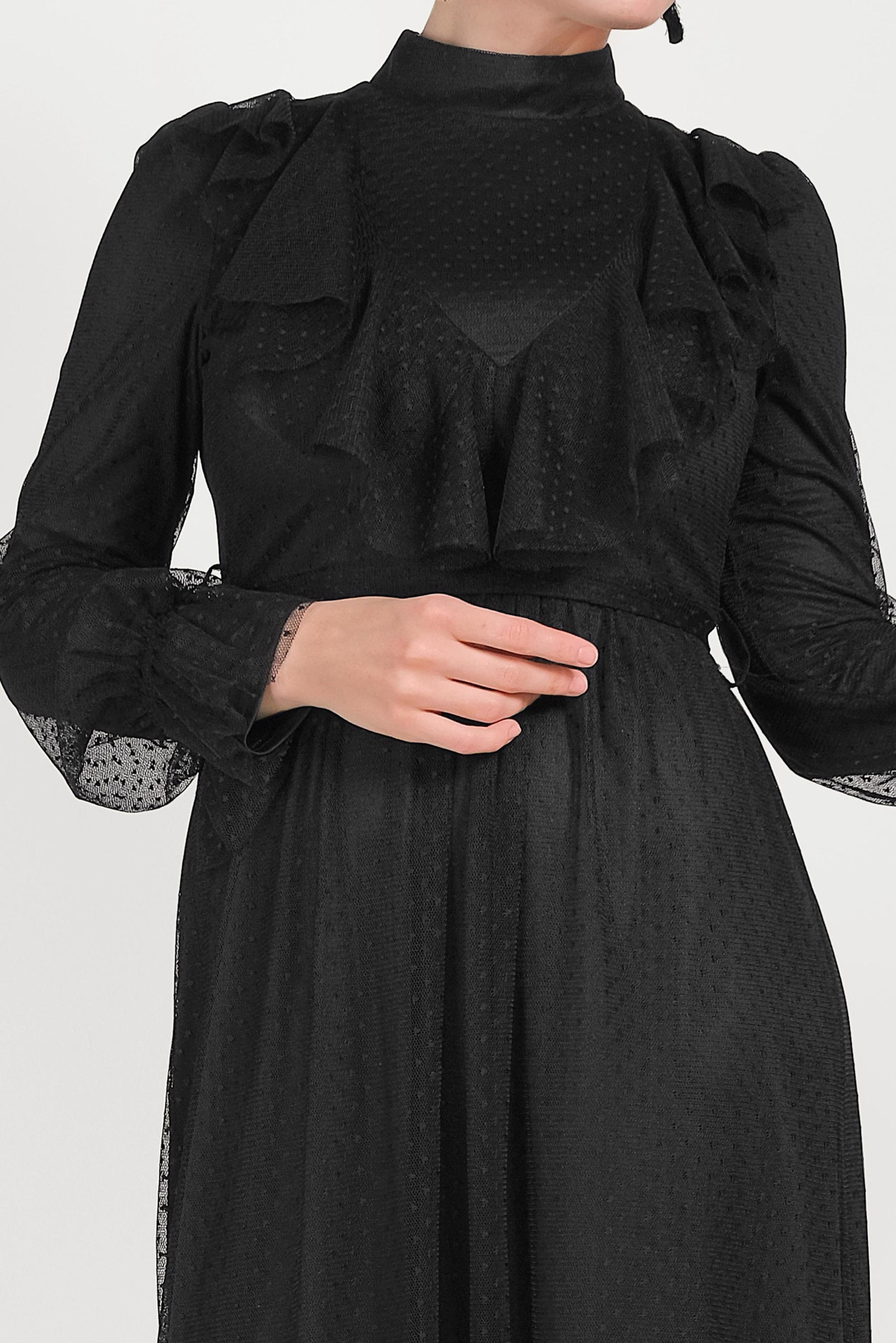 Tesettür giyim SİYAH DANTELLİ FIRFIRLI ELBİSE 40485