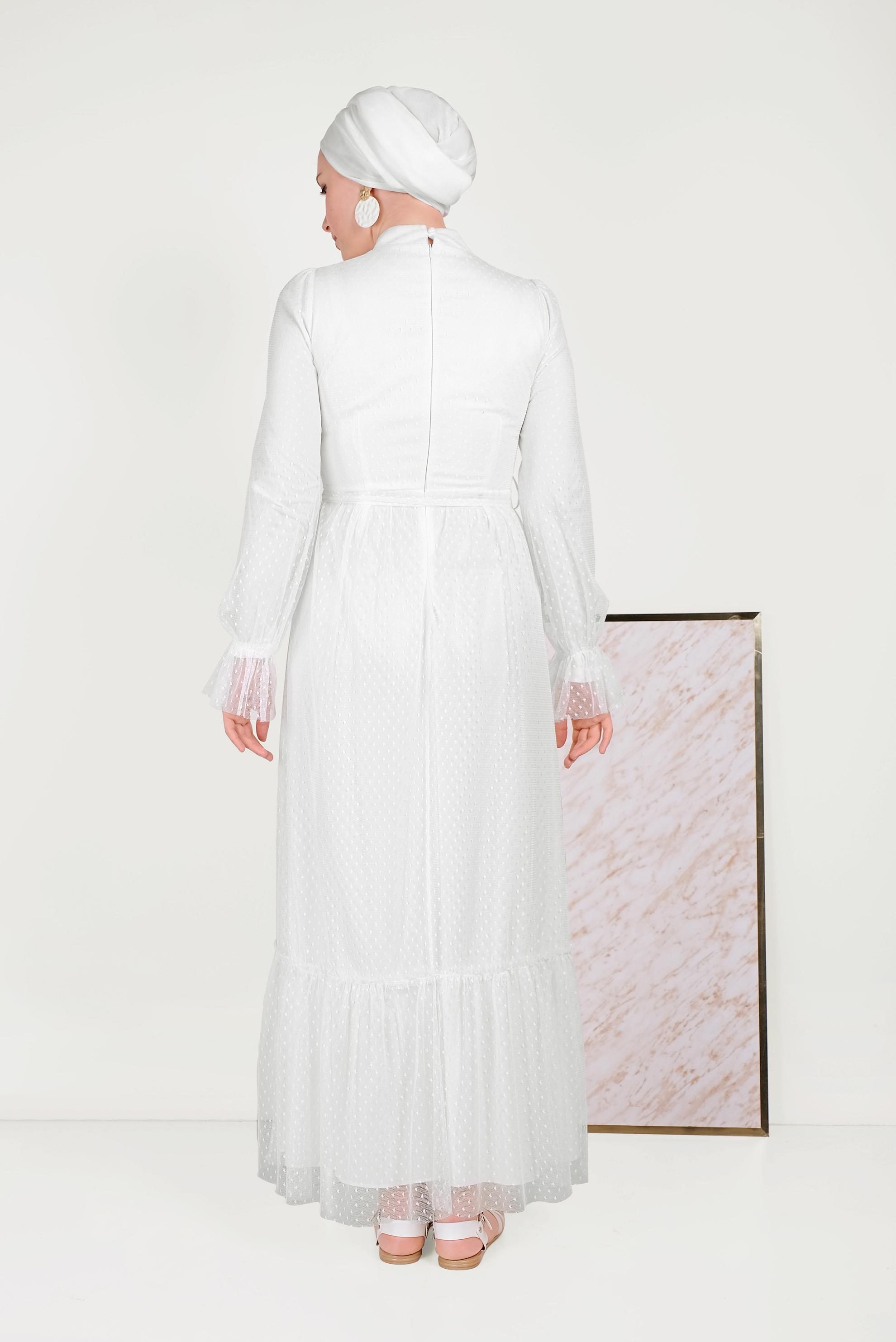 Tesettür giyim BEYAZ DANTELLİ FIRFIRLI ELBİSE 40485