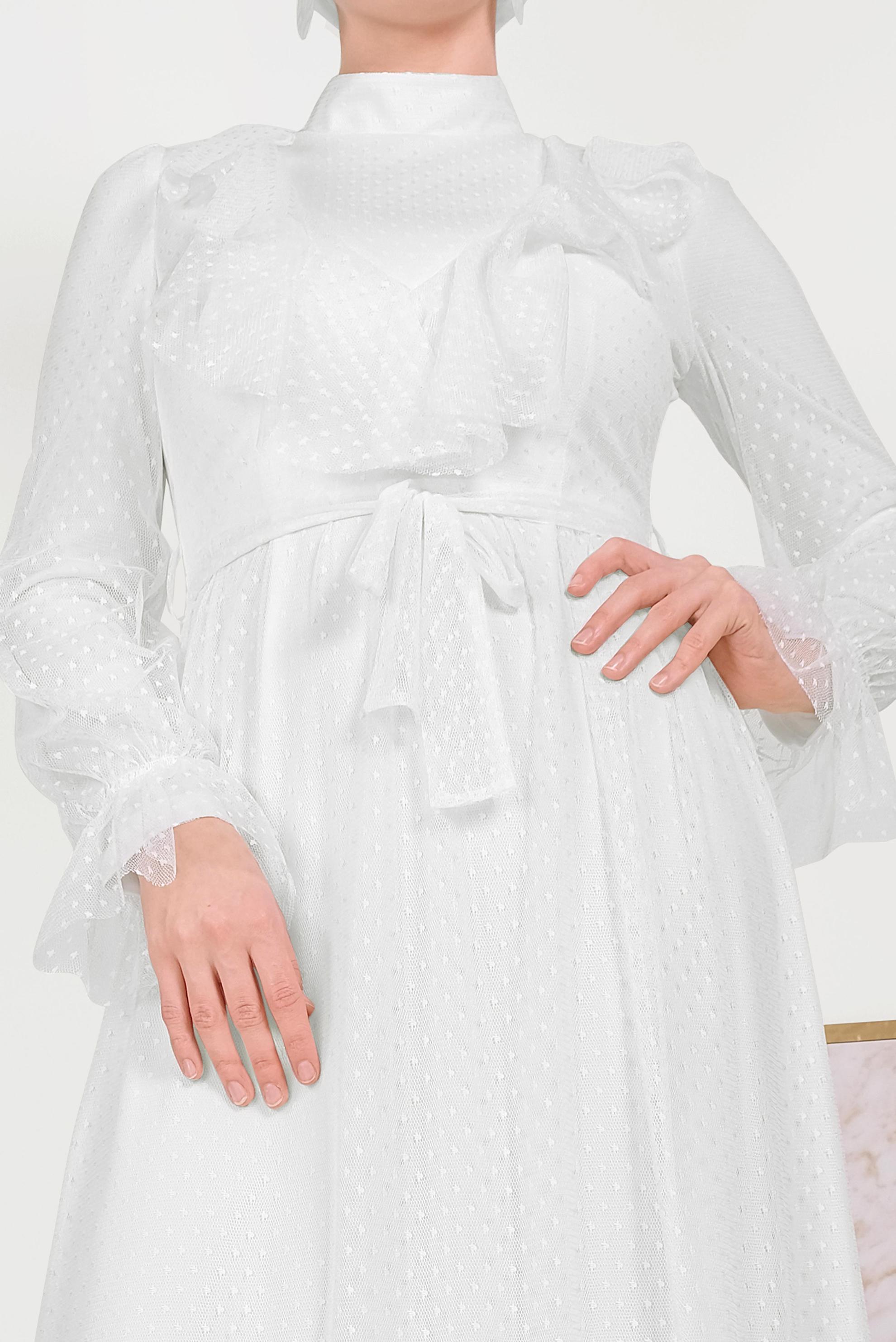 Tesettür giyim BEYAZ DANTELLİ FIRFIRLI ELBİSE 40485