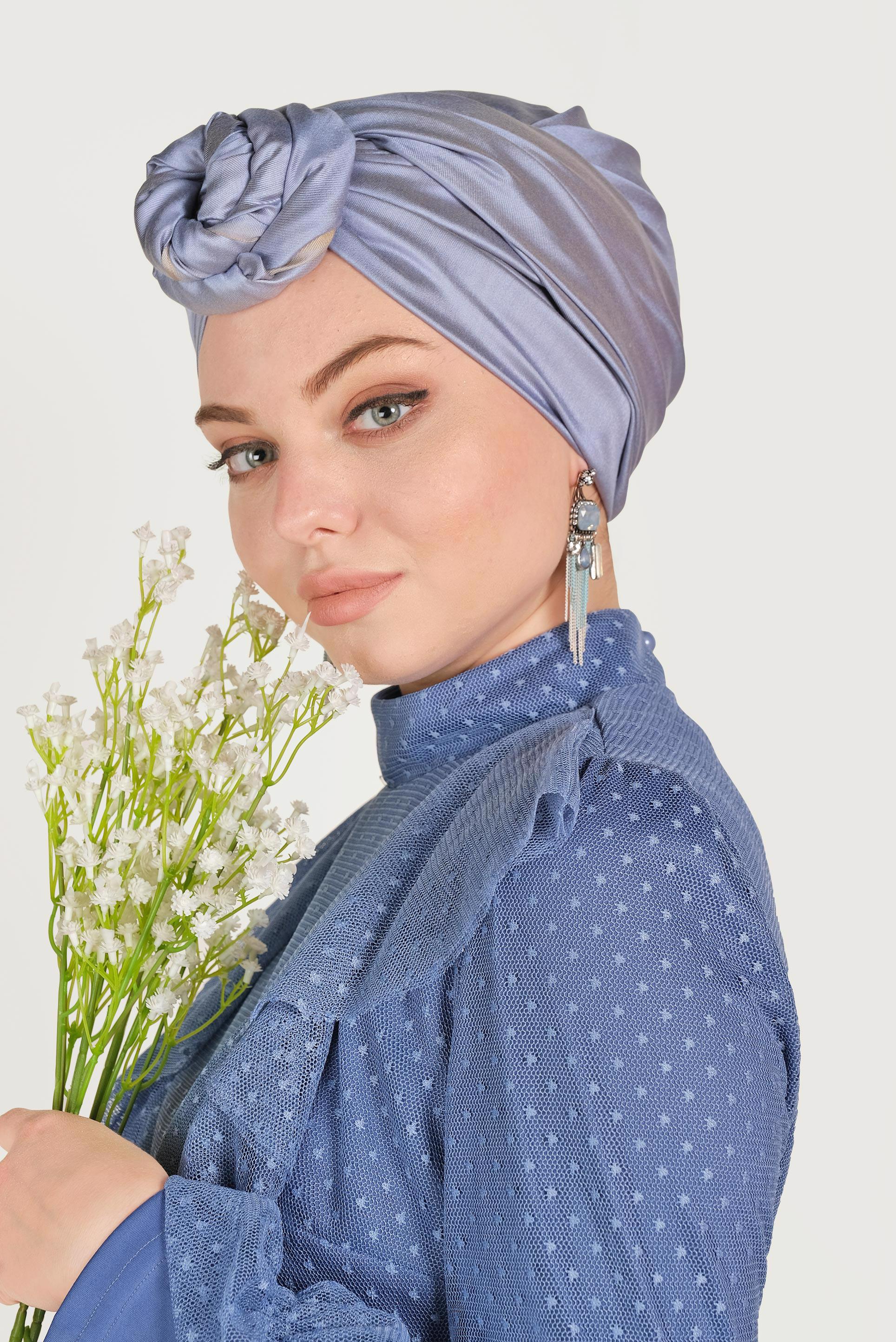 Tesettür giyim MAVİ DANTELLİ FIRFIRLI ELBİSE 40485