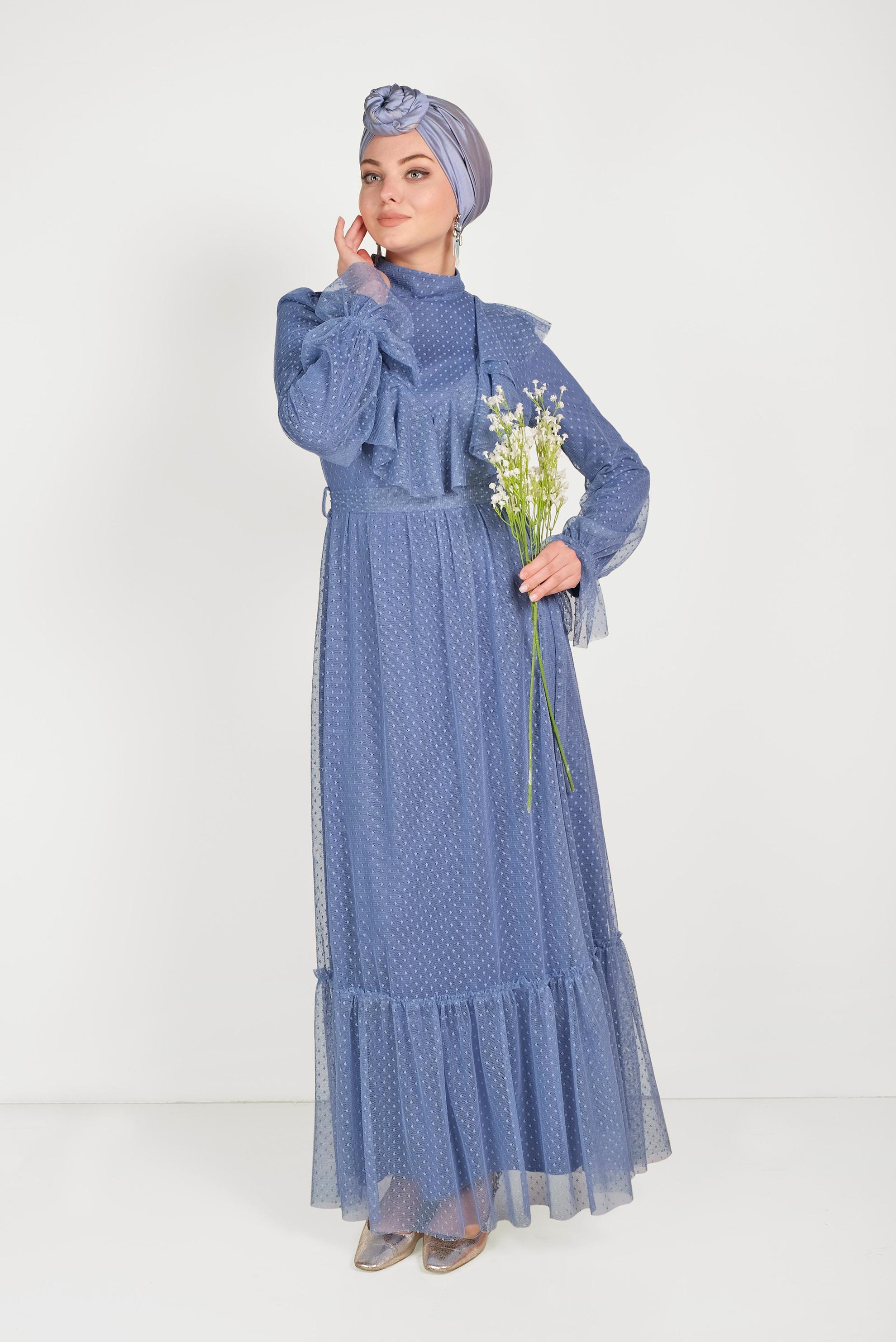 Tesettür giyim MAVİ DANTELLİ FIRFIRLI ELBİSE 40485