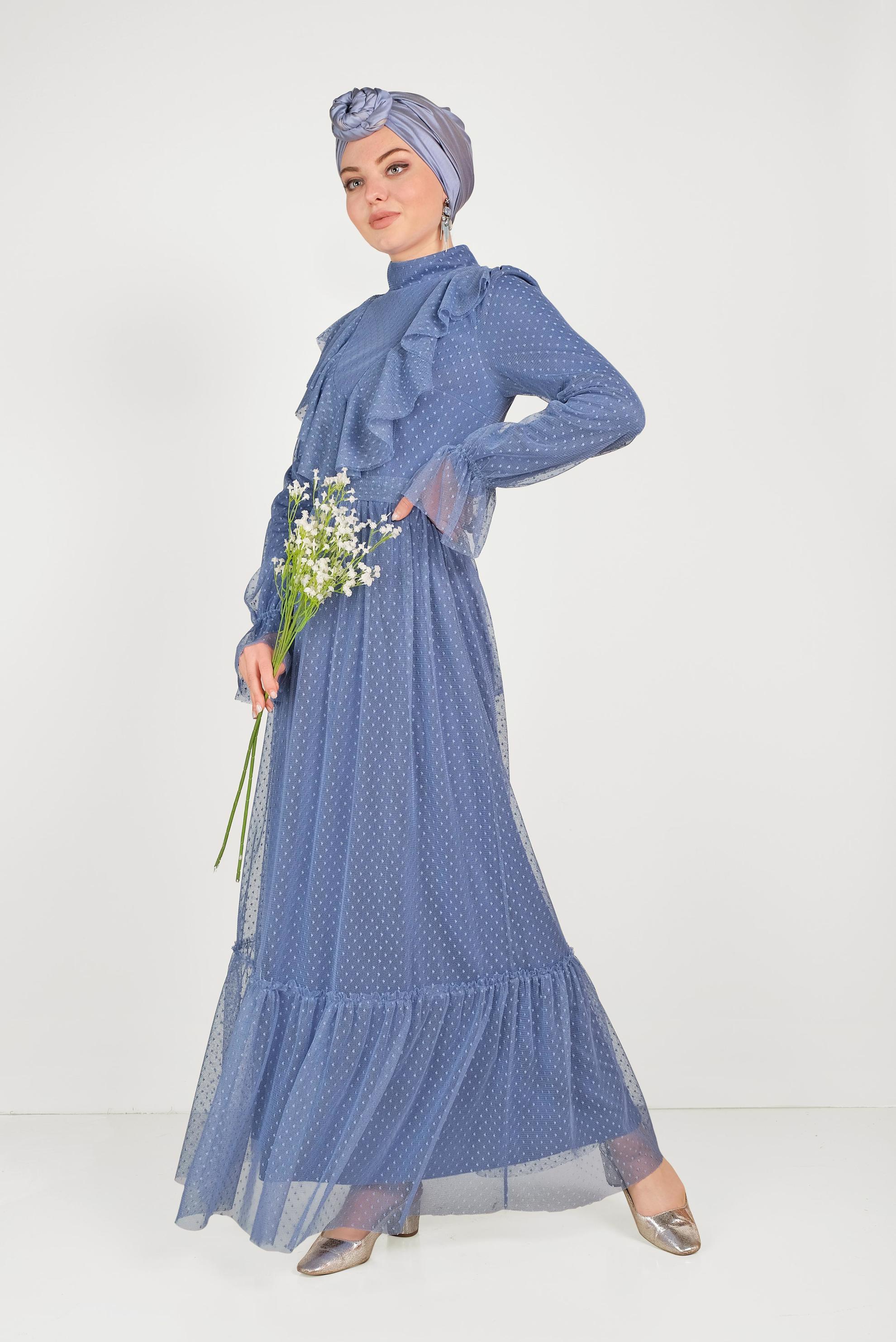 Tesettür giyim MAVİ DANTELLİ FIRFIRLI ELBİSE 40485