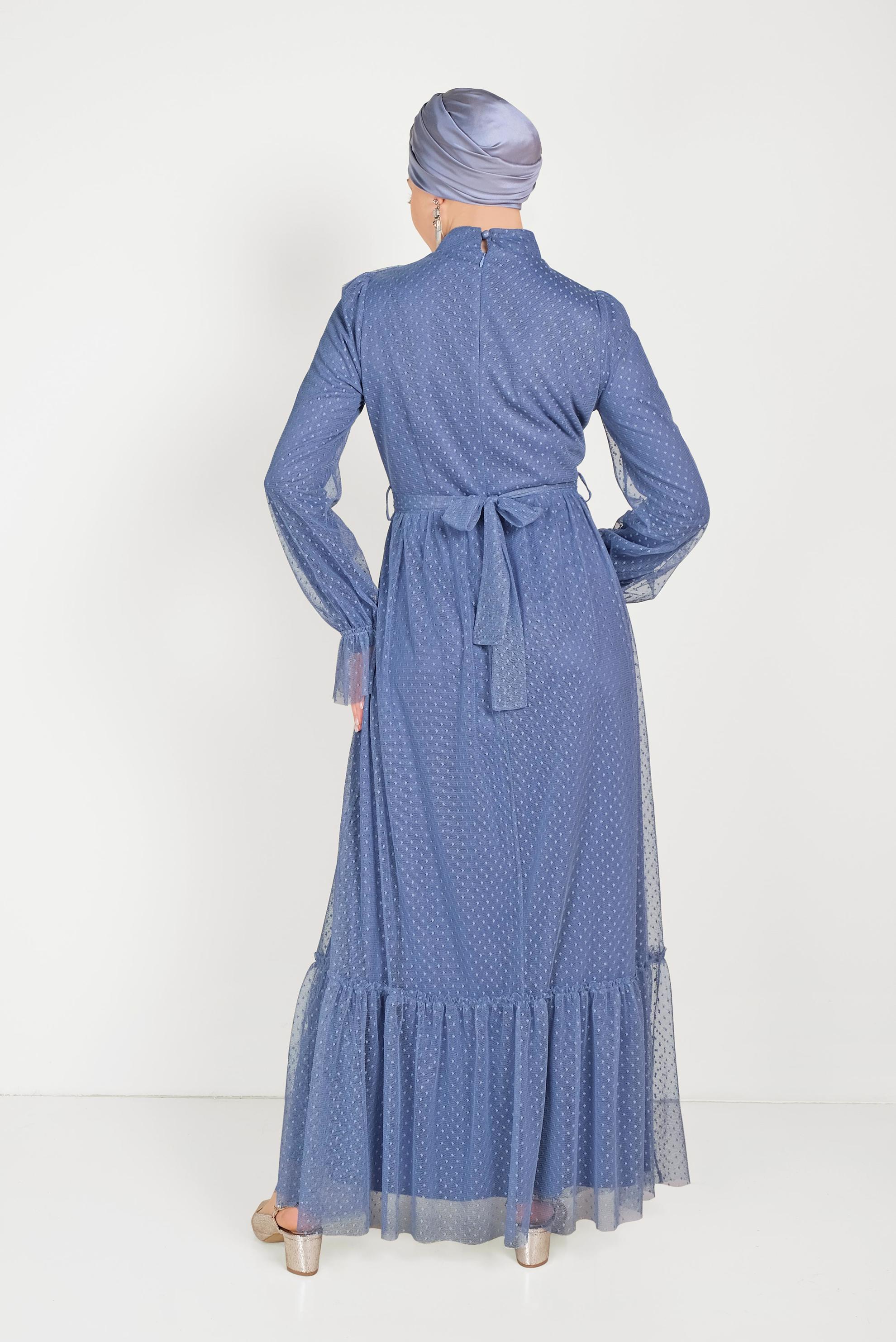 Tesettür giyim MAVİ DANTELLİ FIRFIRLI ELBİSE 40485