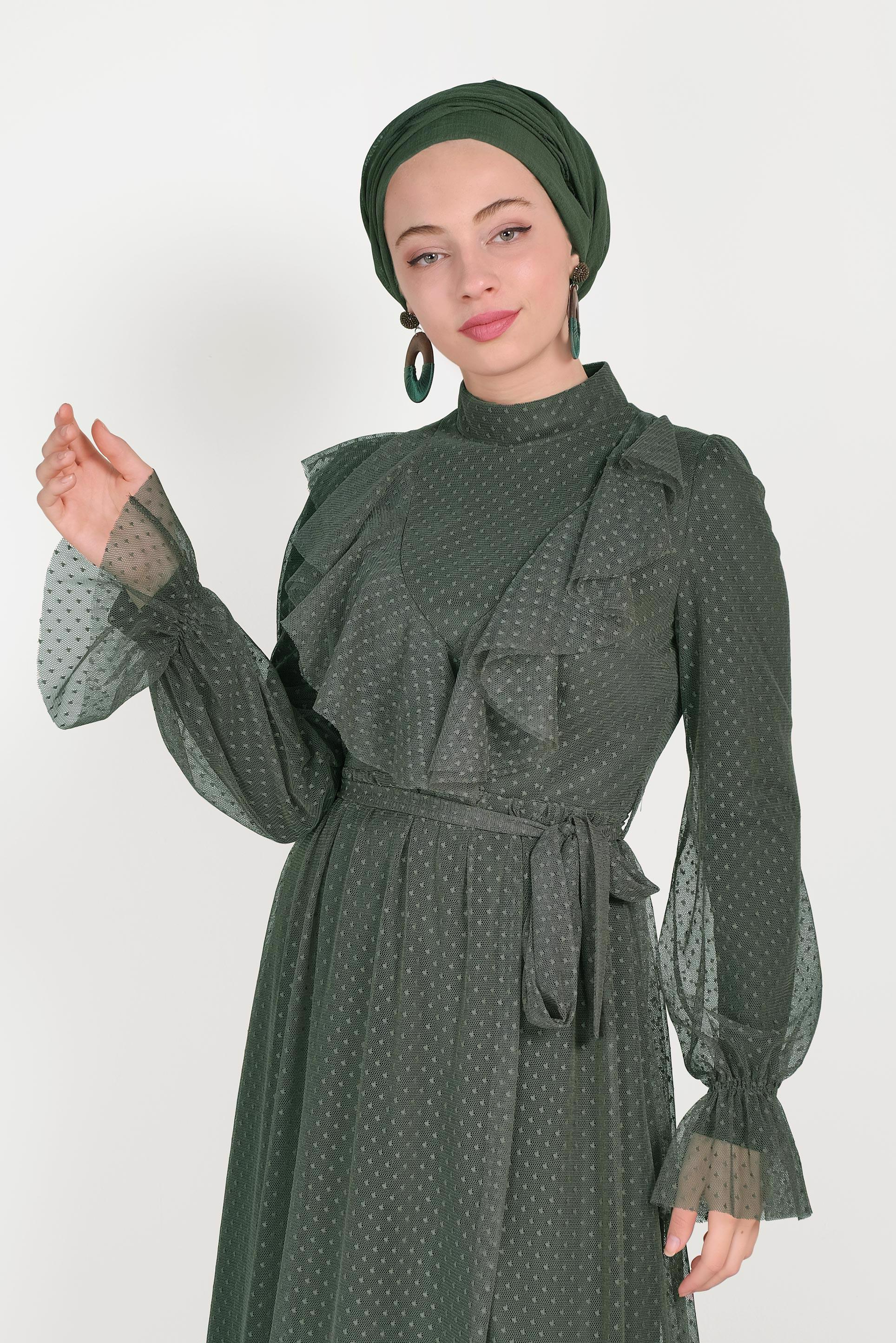 Tesettür giyim HAKİ DANTELLİ FIRFIRLI ELBİSE 40485