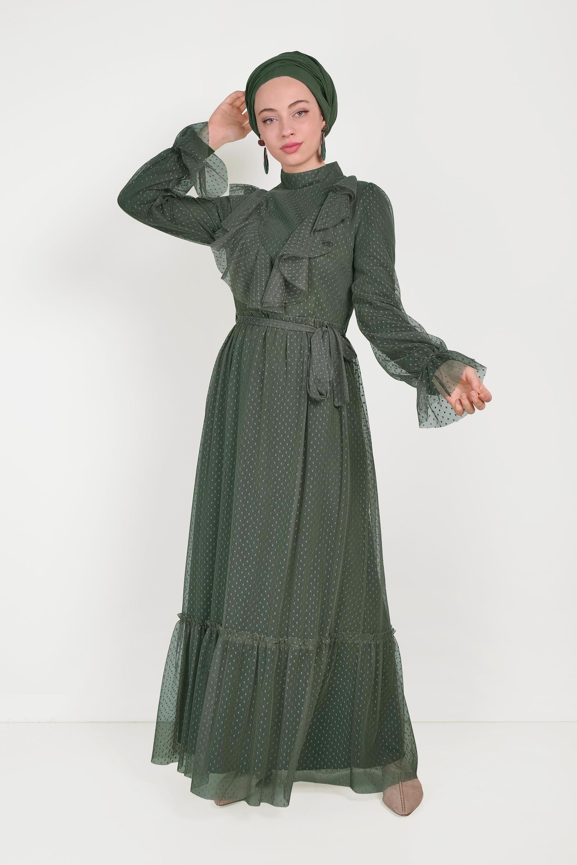 Tesettür giyim HAKİ DANTELLİ FIRFIRLI ELBİSE 40485