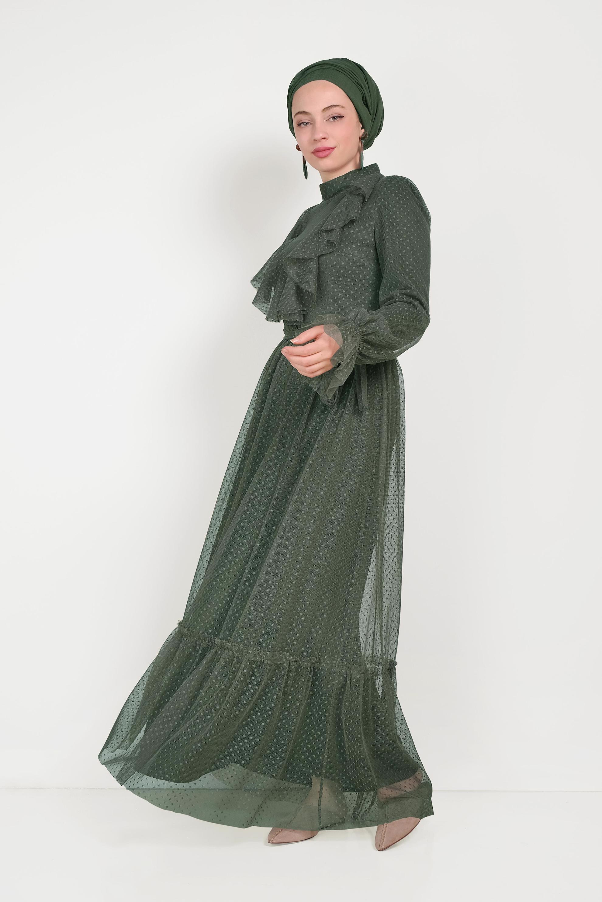 Tesettür giyim HAKİ DANTELLİ FIRFIRLI ELBİSE 40485