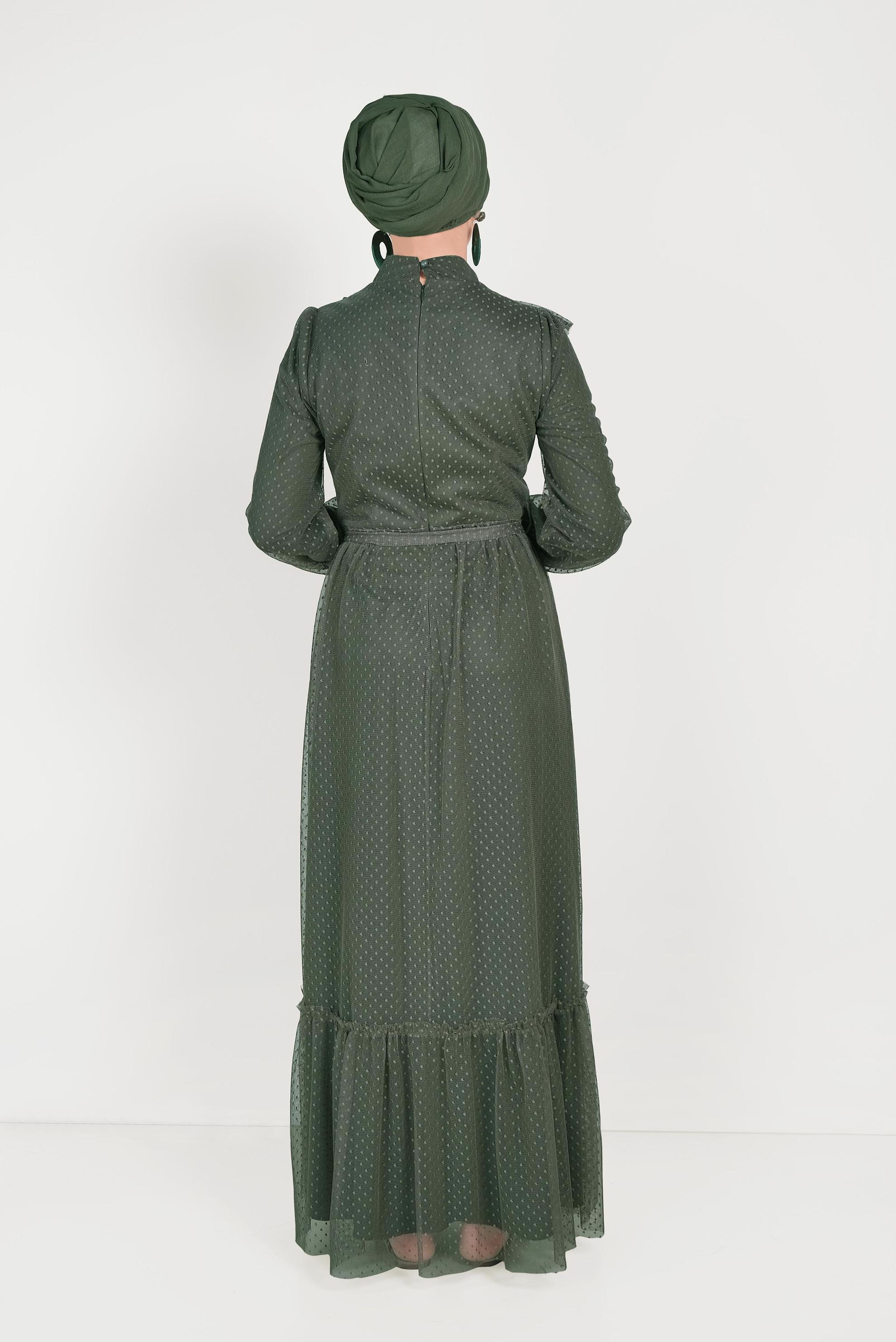 Tesettür giyim HAKİ DANTELLİ FIRFIRLI ELBİSE 40485