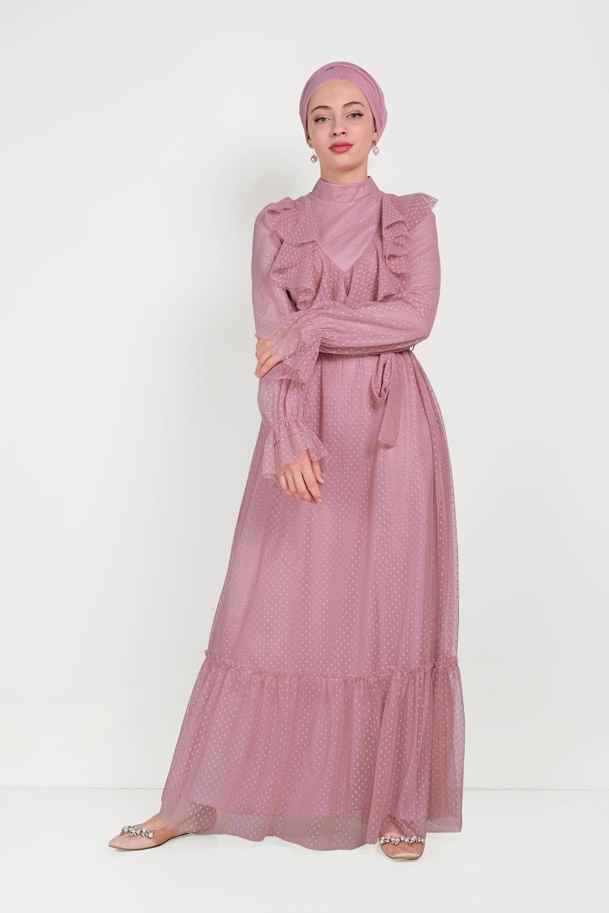 Tesettür giyim PUDRA DANTELLİ FIRFIRLI ELBİSE 40485