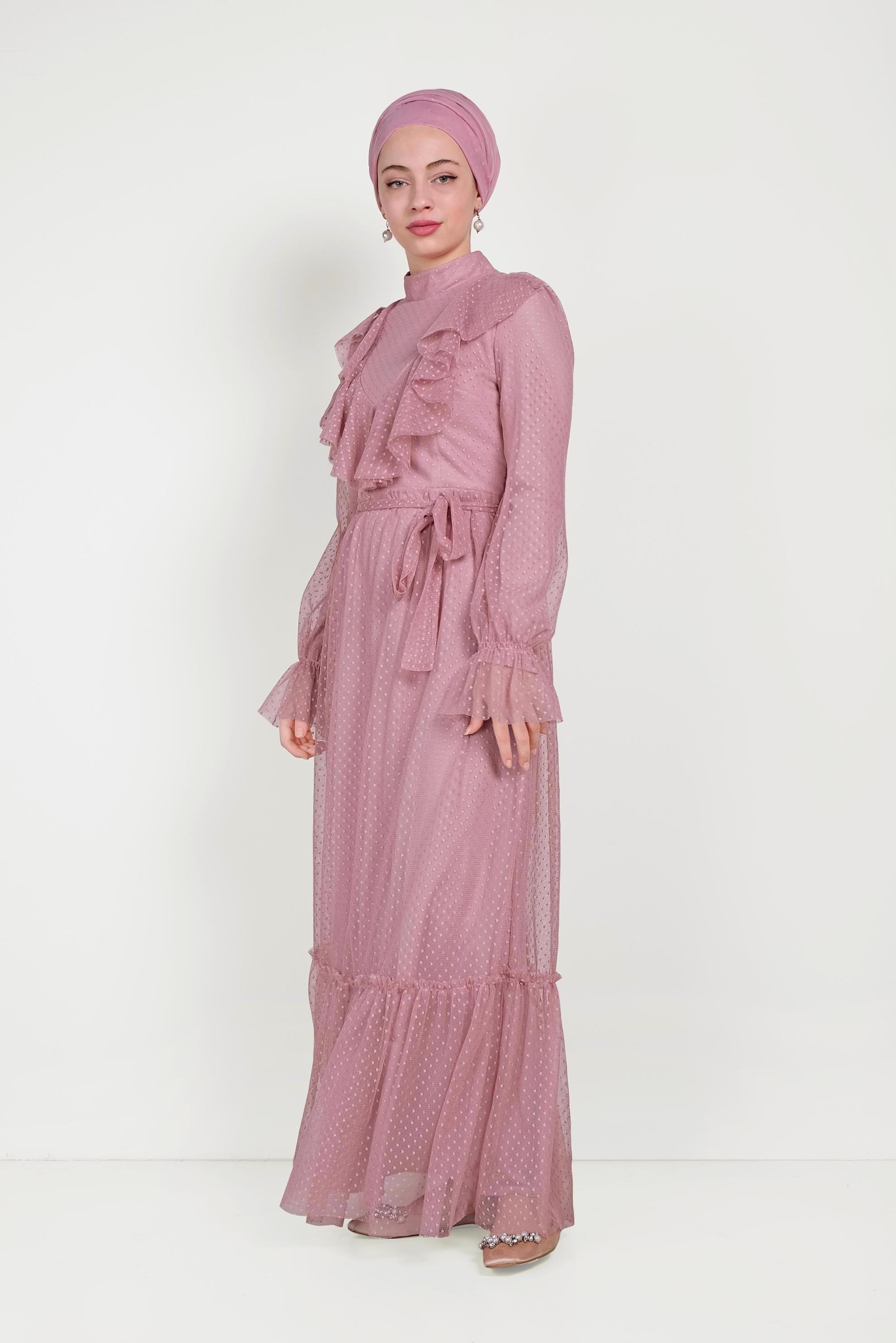 Tesettür giyim PUDRA DANTELLİ FIRFIRLI ELBİSE 40485