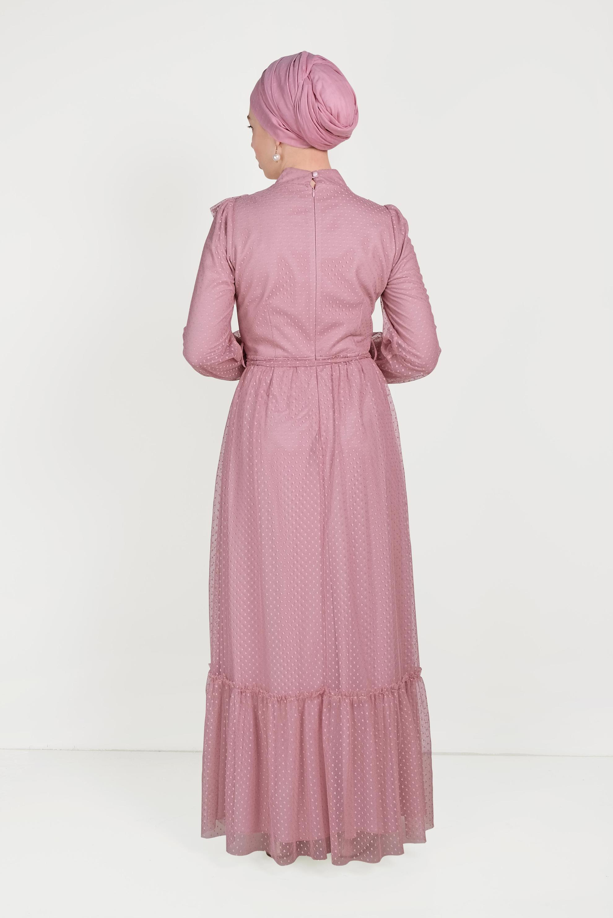 Tesettür giyim PUDRA DANTELLİ FIRFIRLI ELBİSE 40485