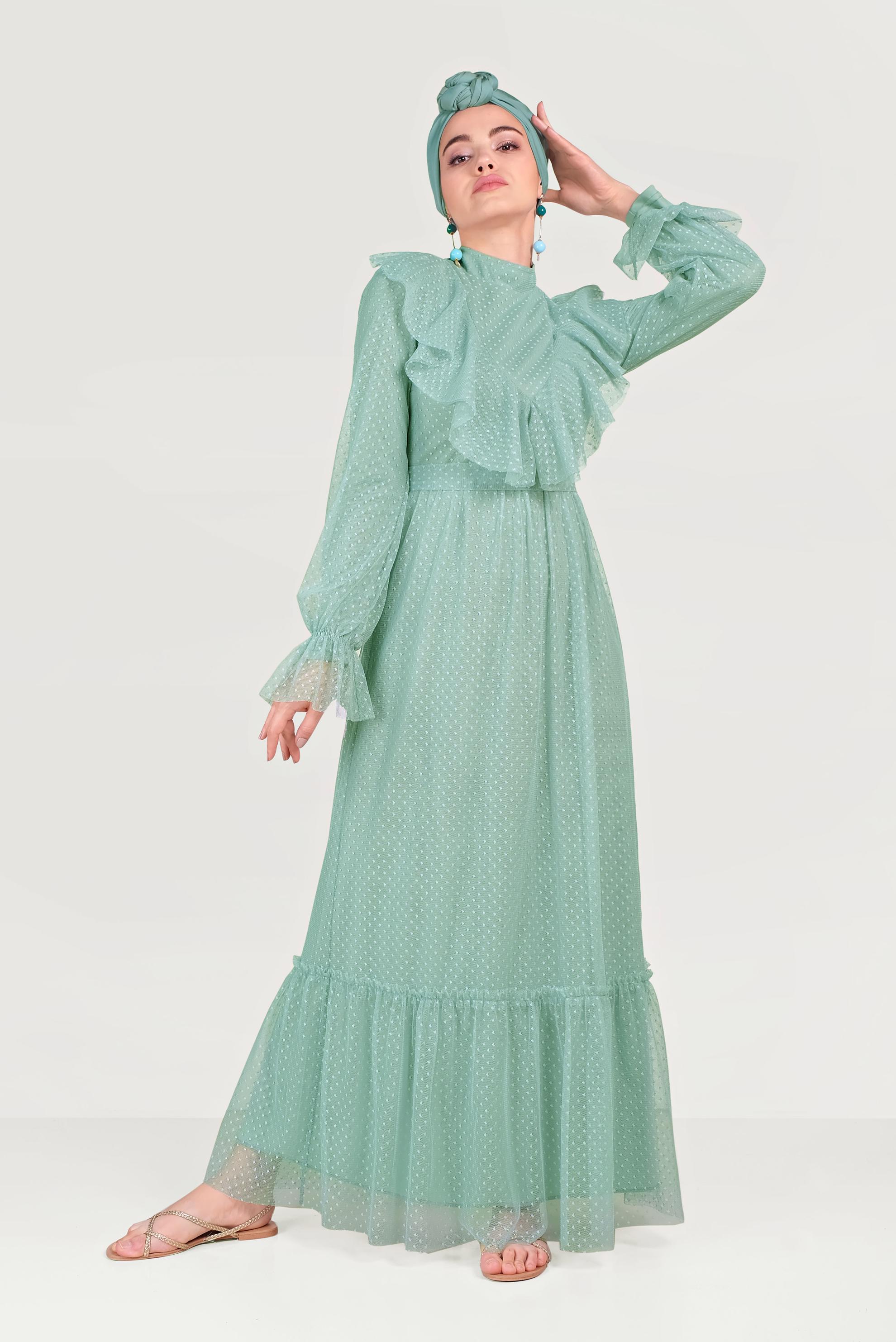 Hijab clothing GREEN LACE DETAIL RUFFLED DRESS 40485 