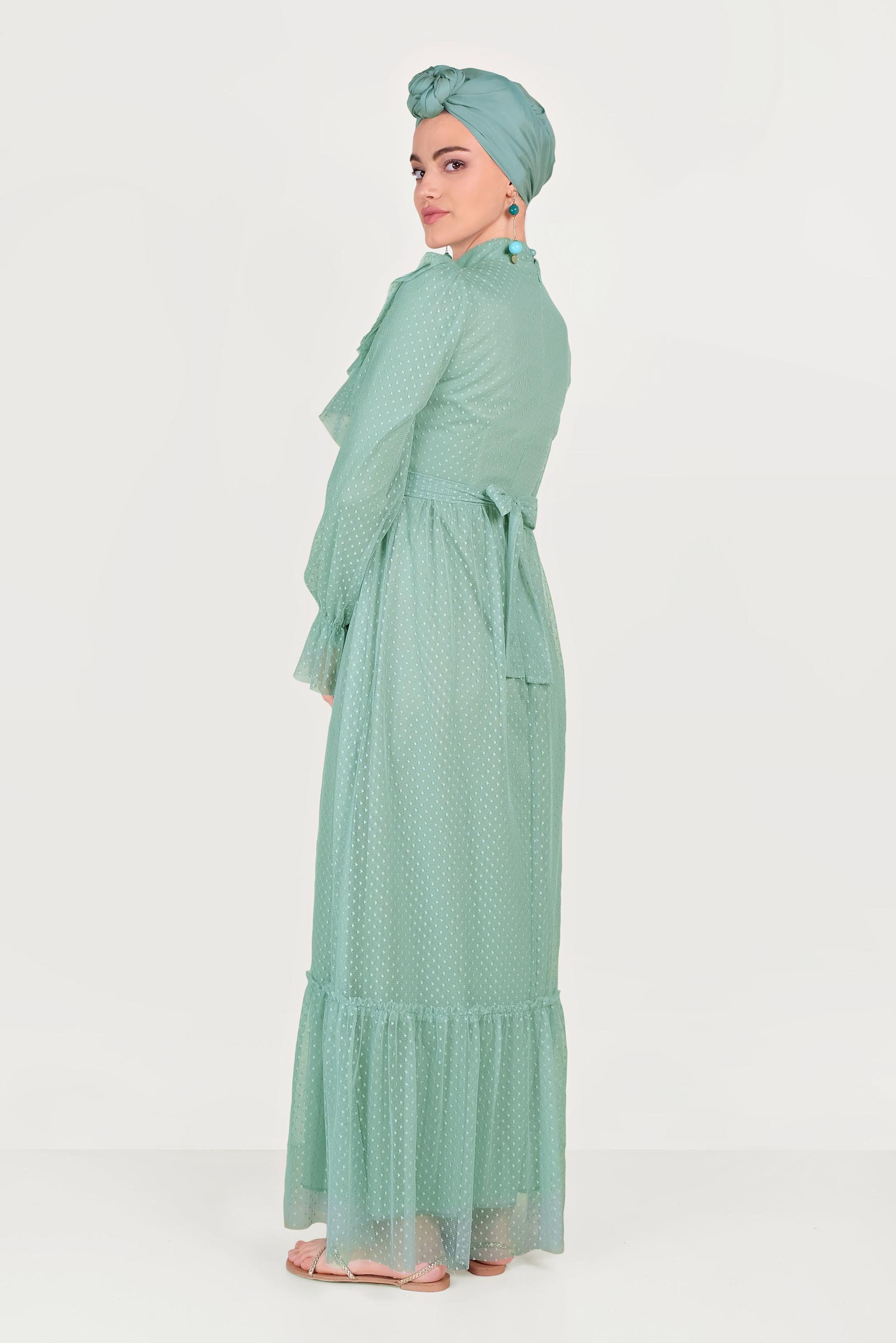 Hijab clothing GREEN LACE DETAIL RUFFLED DRESS 40485 