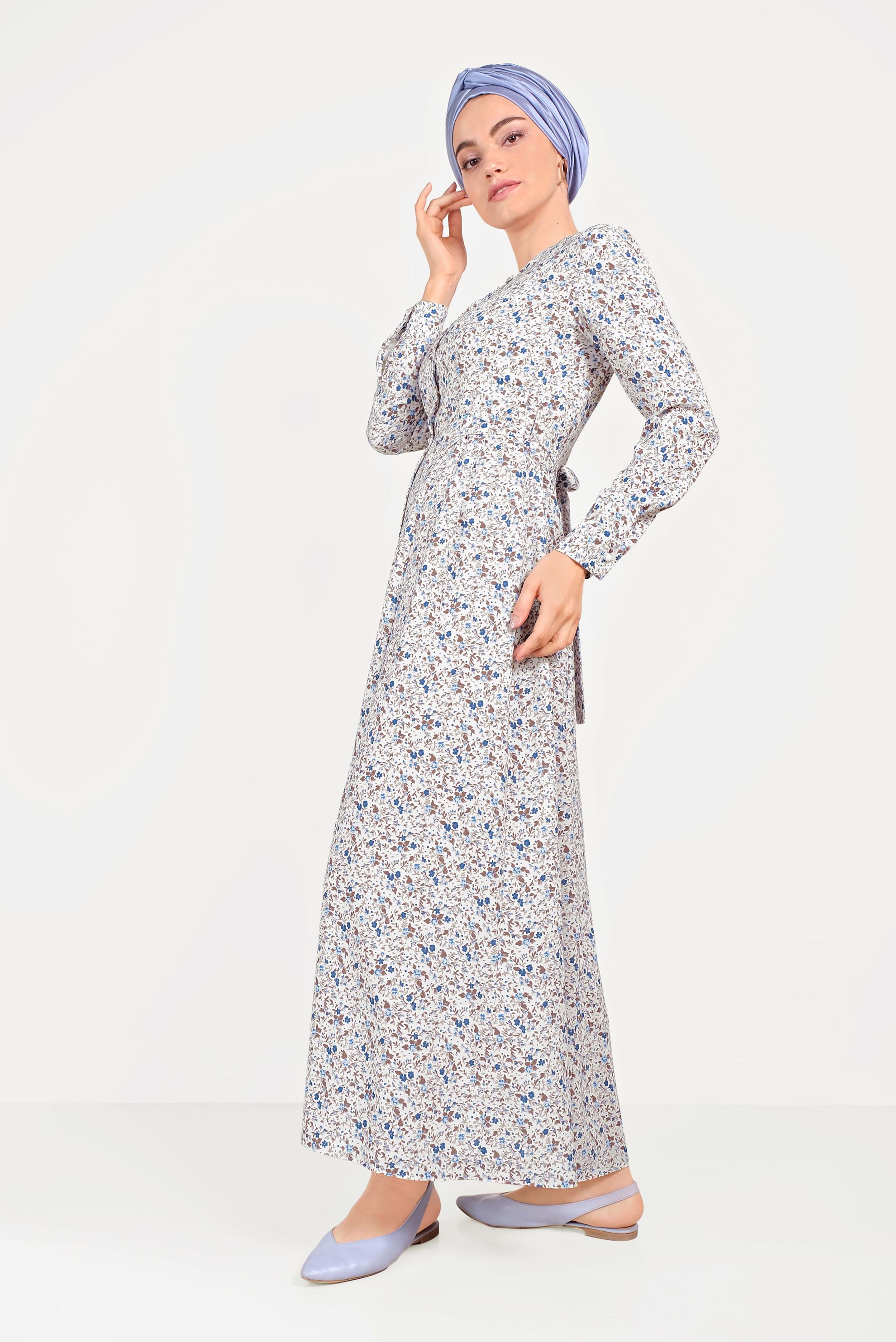 Tesettür giyim LACİVERT ÇİÇEK DESENLİ ELBİSE 40498