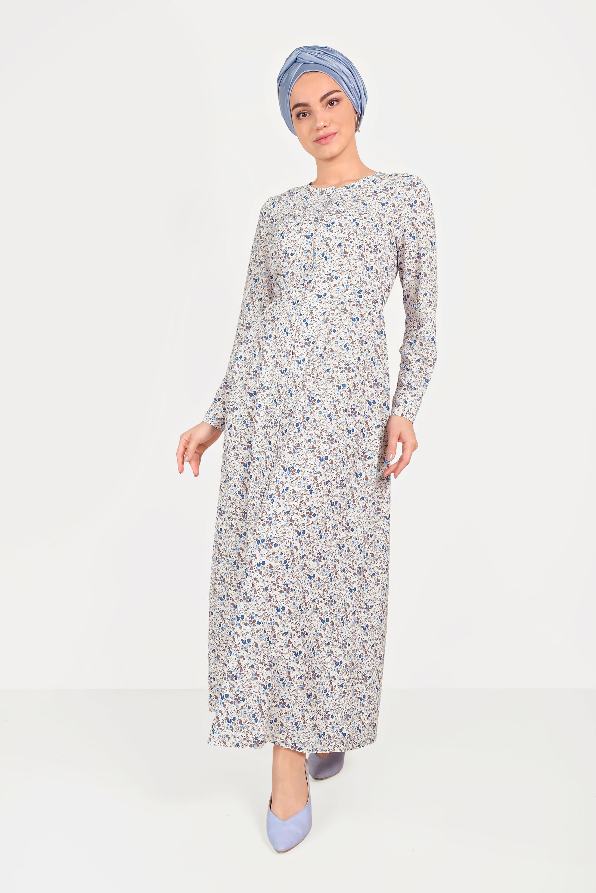 Tesettür giyim LACİVERT ÇİÇEK DESENLİ ELBİSE 40498