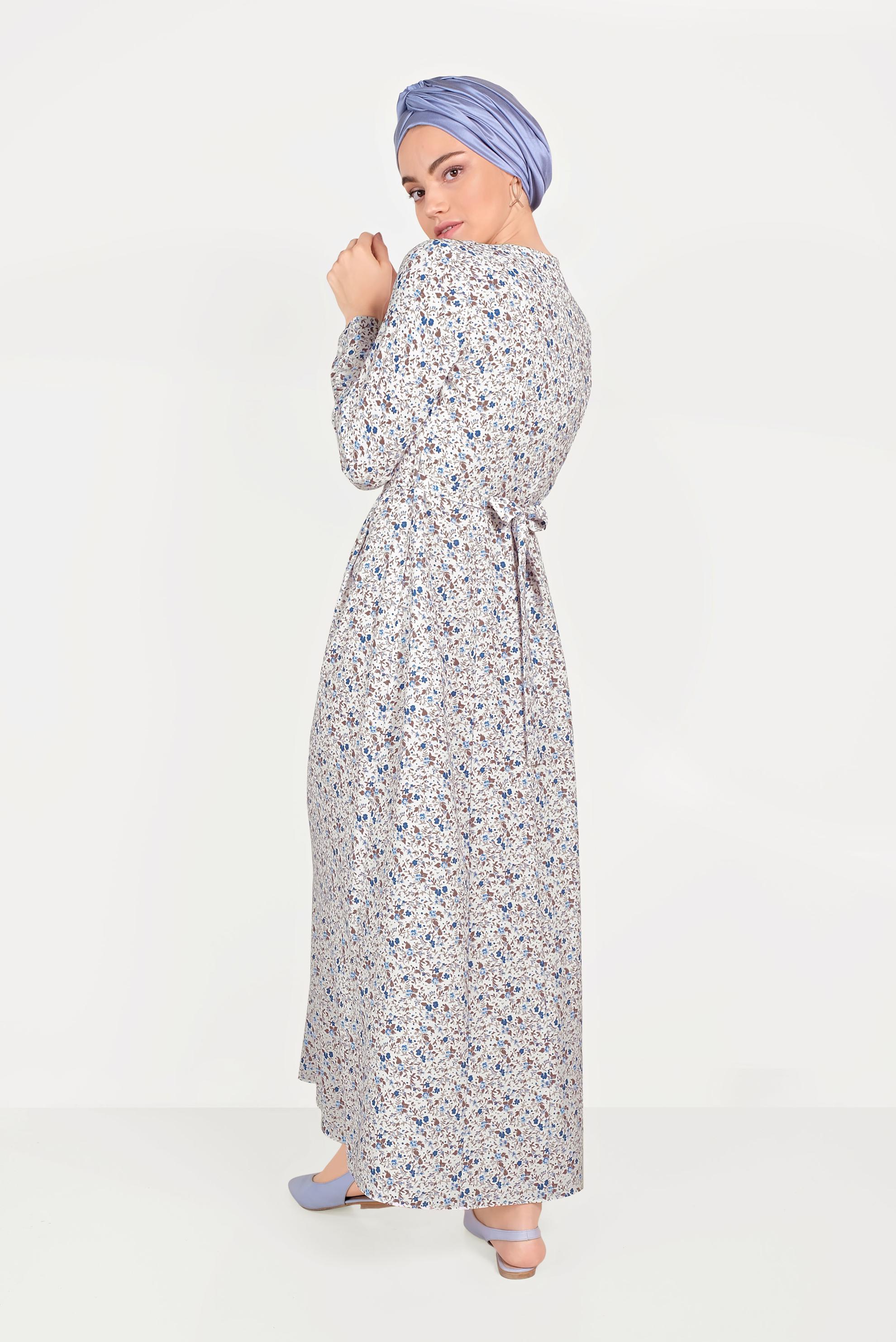 Tesettür giyim LACİVERT ÇİÇEK DESENLİ ELBİSE 40498