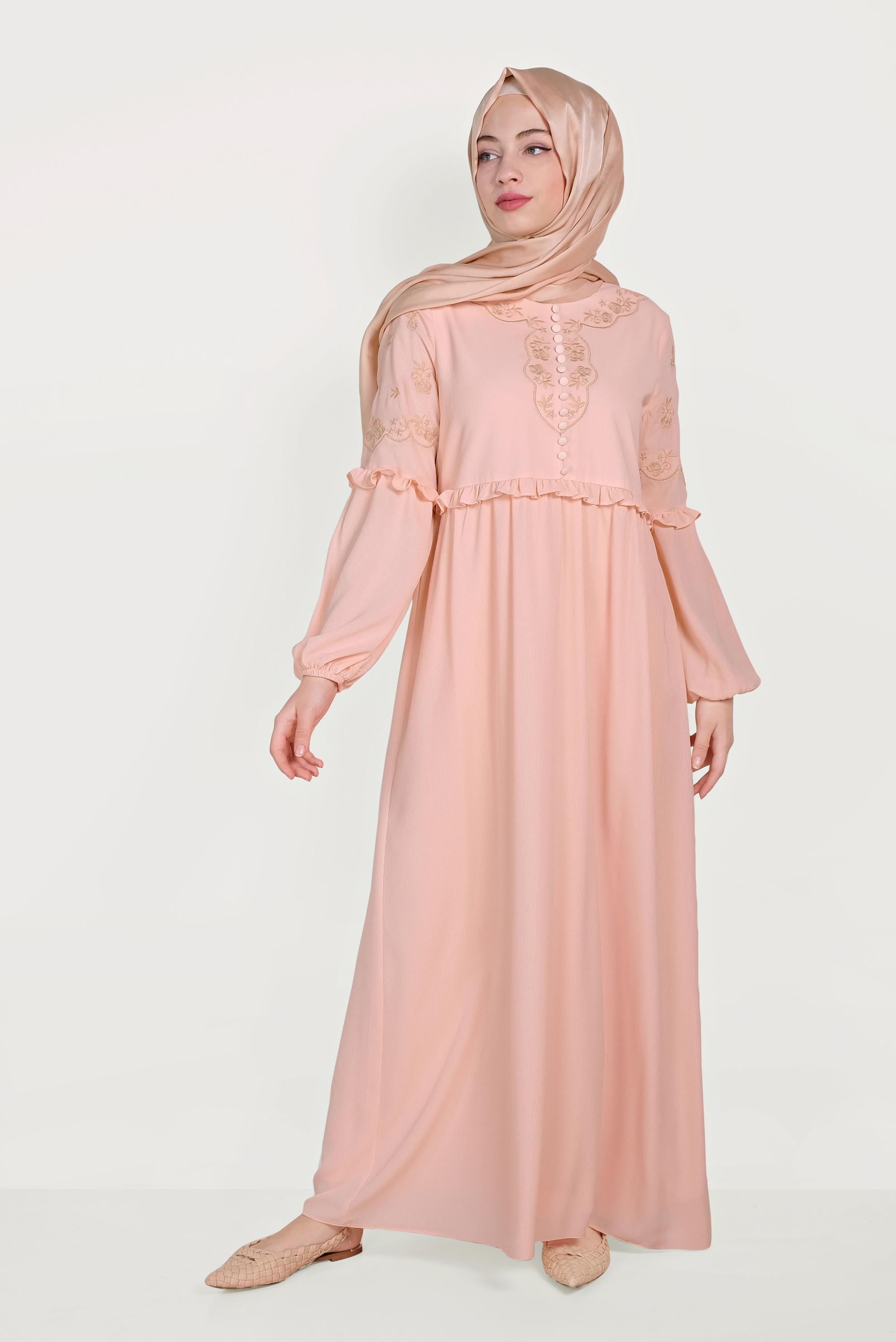 Tesettür giyim PUDRA NAKIŞ DETAYLI ELBİSE 40500