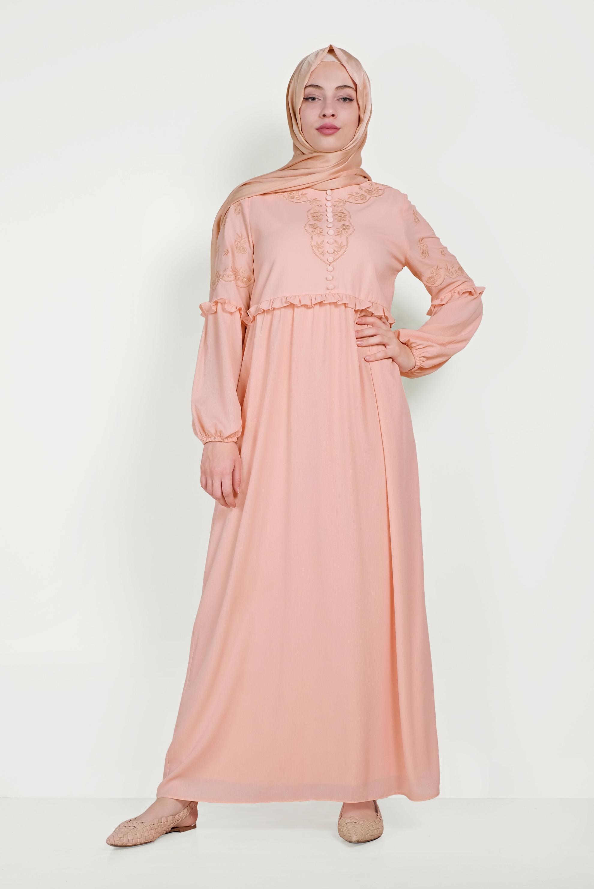 Tesettür giyim PUDRA NAKIŞ DETAYLI ELBİSE 40500