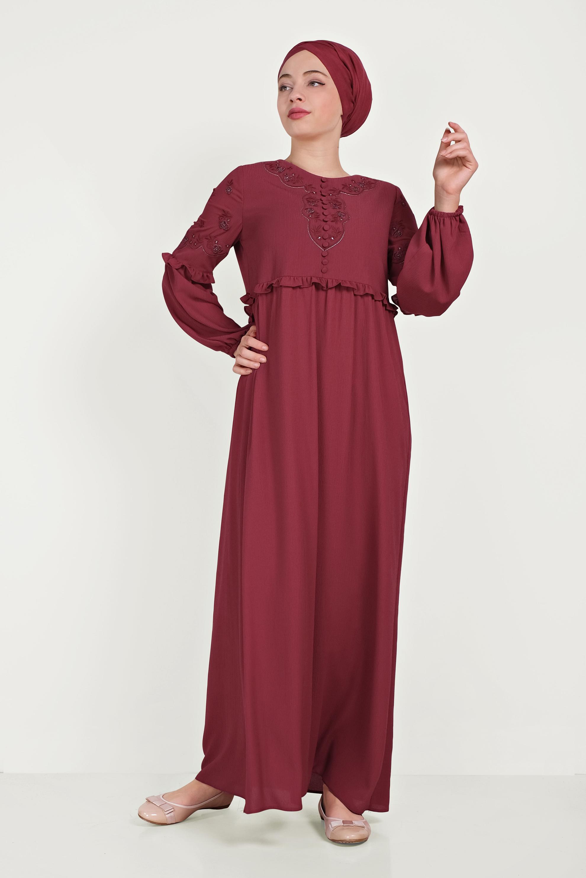 Tesettür giyim BORDO NAKIŞ DETAYLI ELBİSE 40500