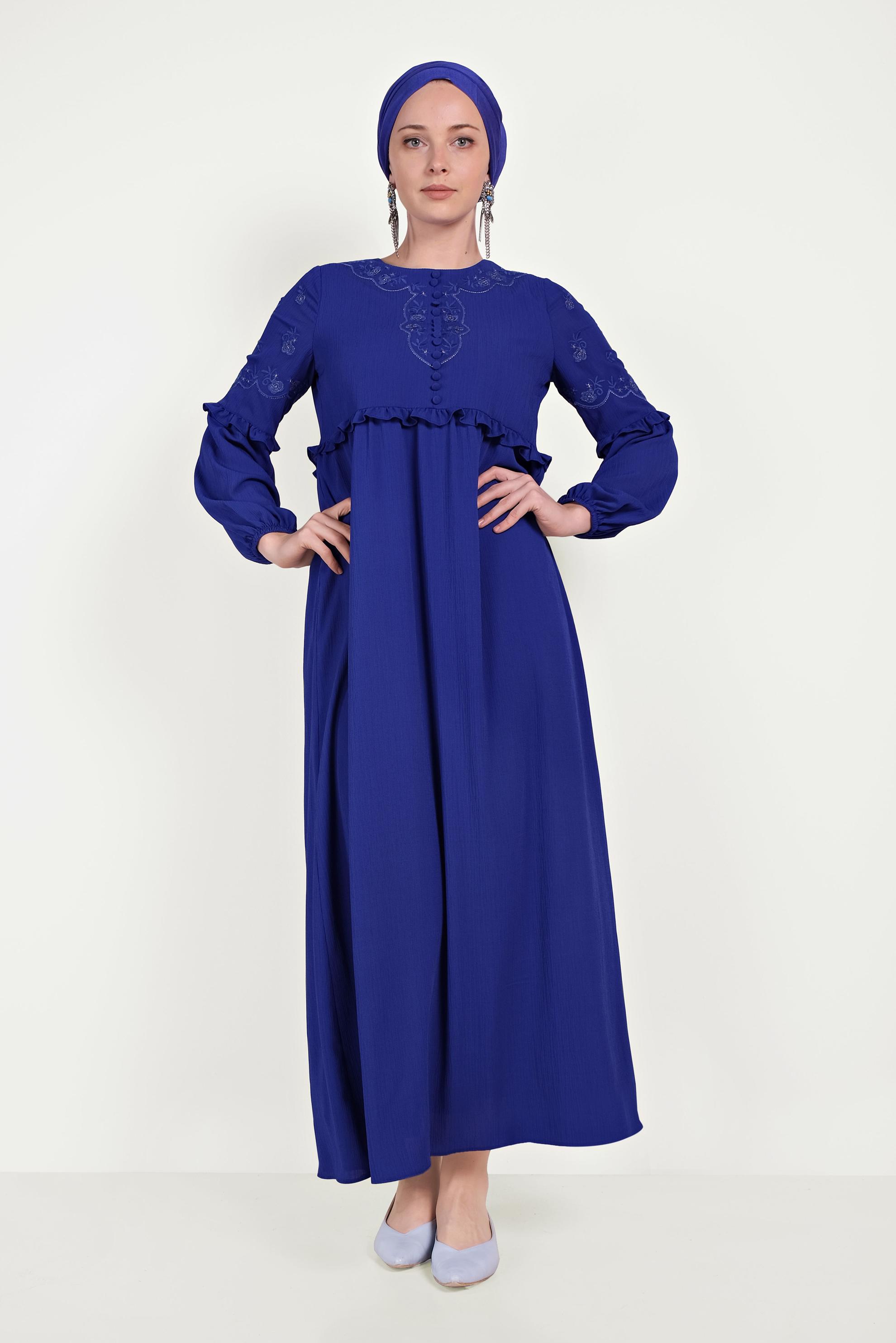 Tesettür giyim LACİVERT NAKIŞ DETAYLI ELBİSE 40500