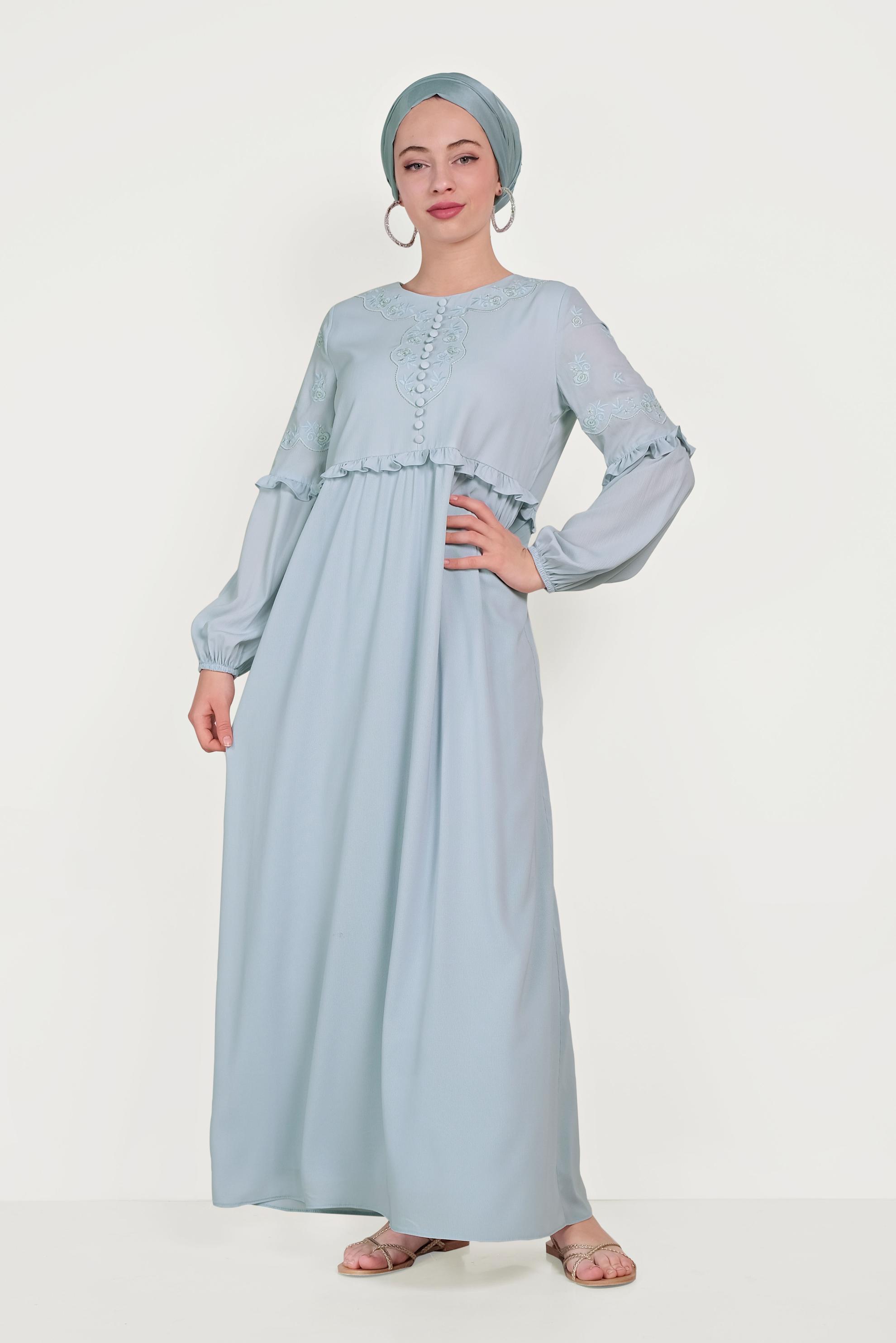 Tesettür giyim MAVİ NAKIŞ DETAYLI ELBİSE 40500