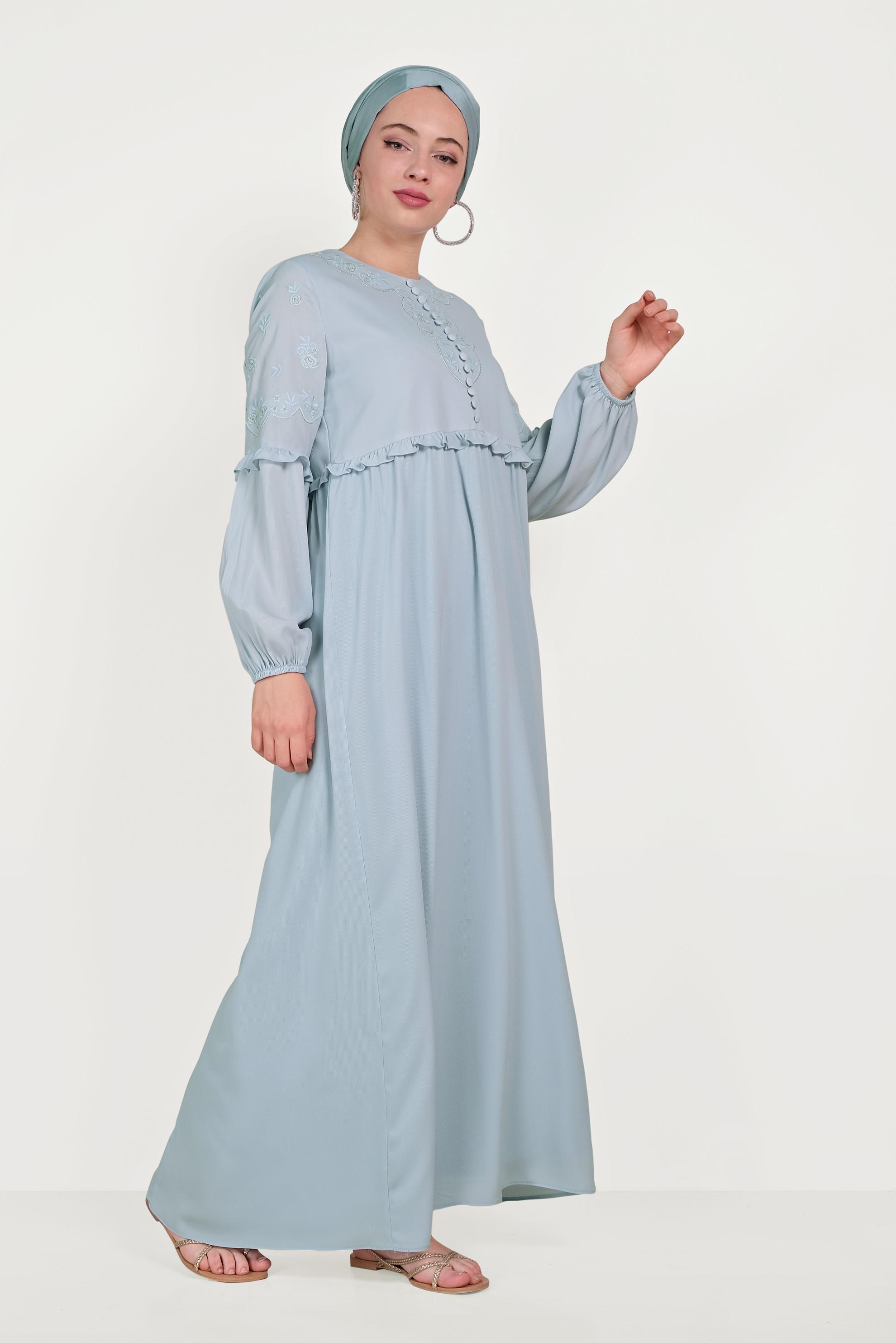 Tesettür giyim MAVİ NAKIŞ DETAYLI ELBİSE 40500