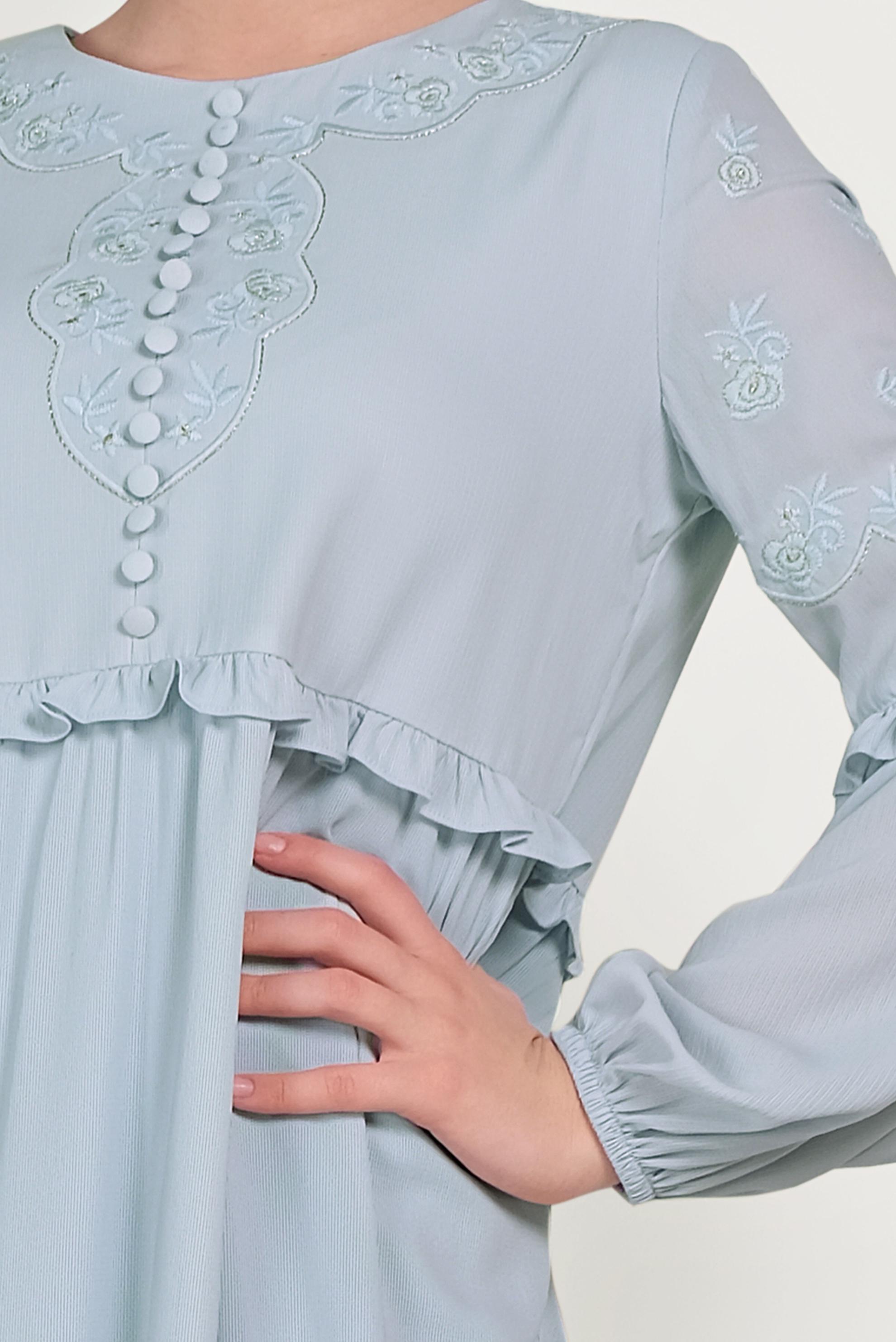 Tesettür giyim MAVİ NAKIŞ DETAYLI ELBİSE 40500