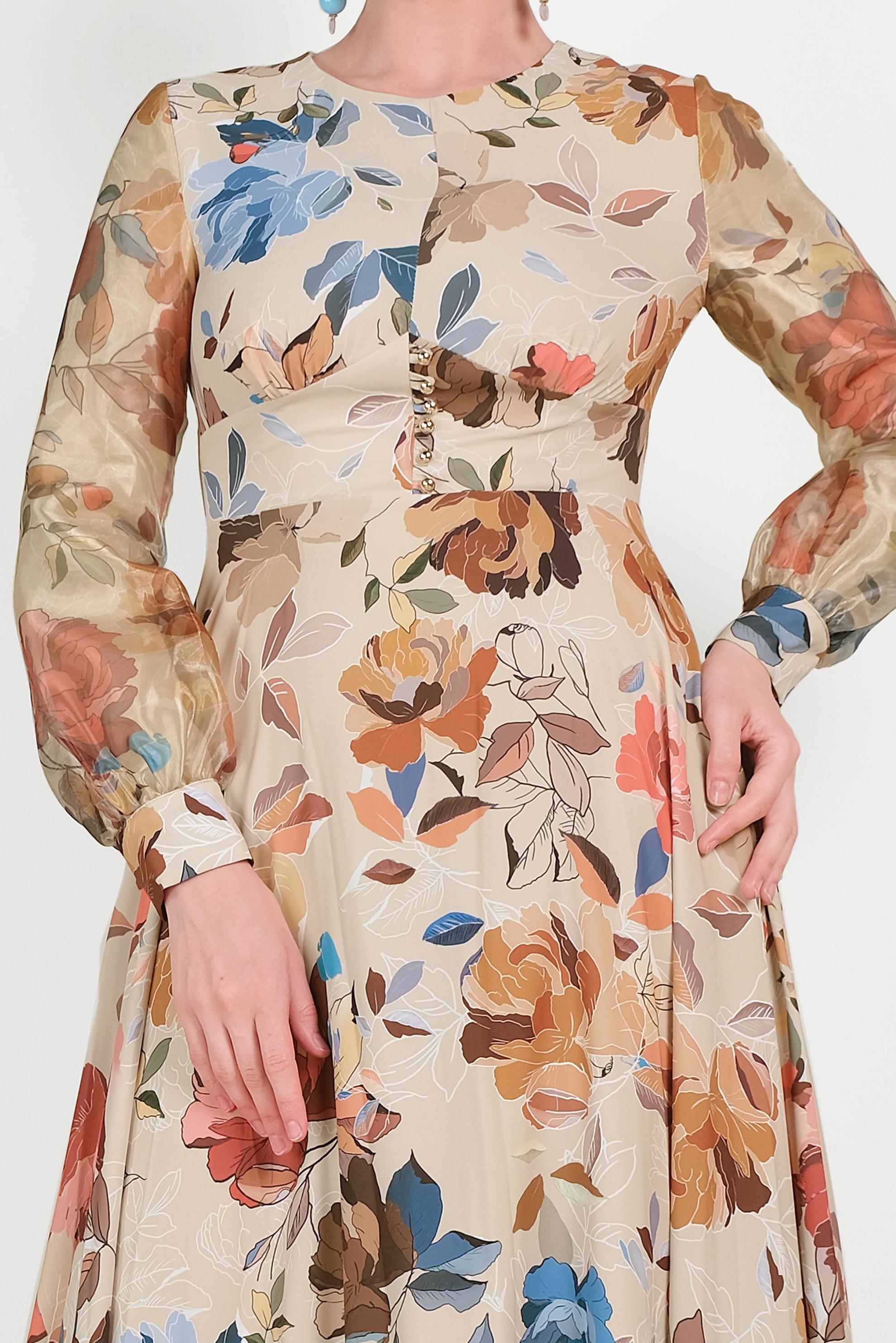 Tesettür giyim BEJ ÇİÇEK DESENLİ ELBİSE 40501