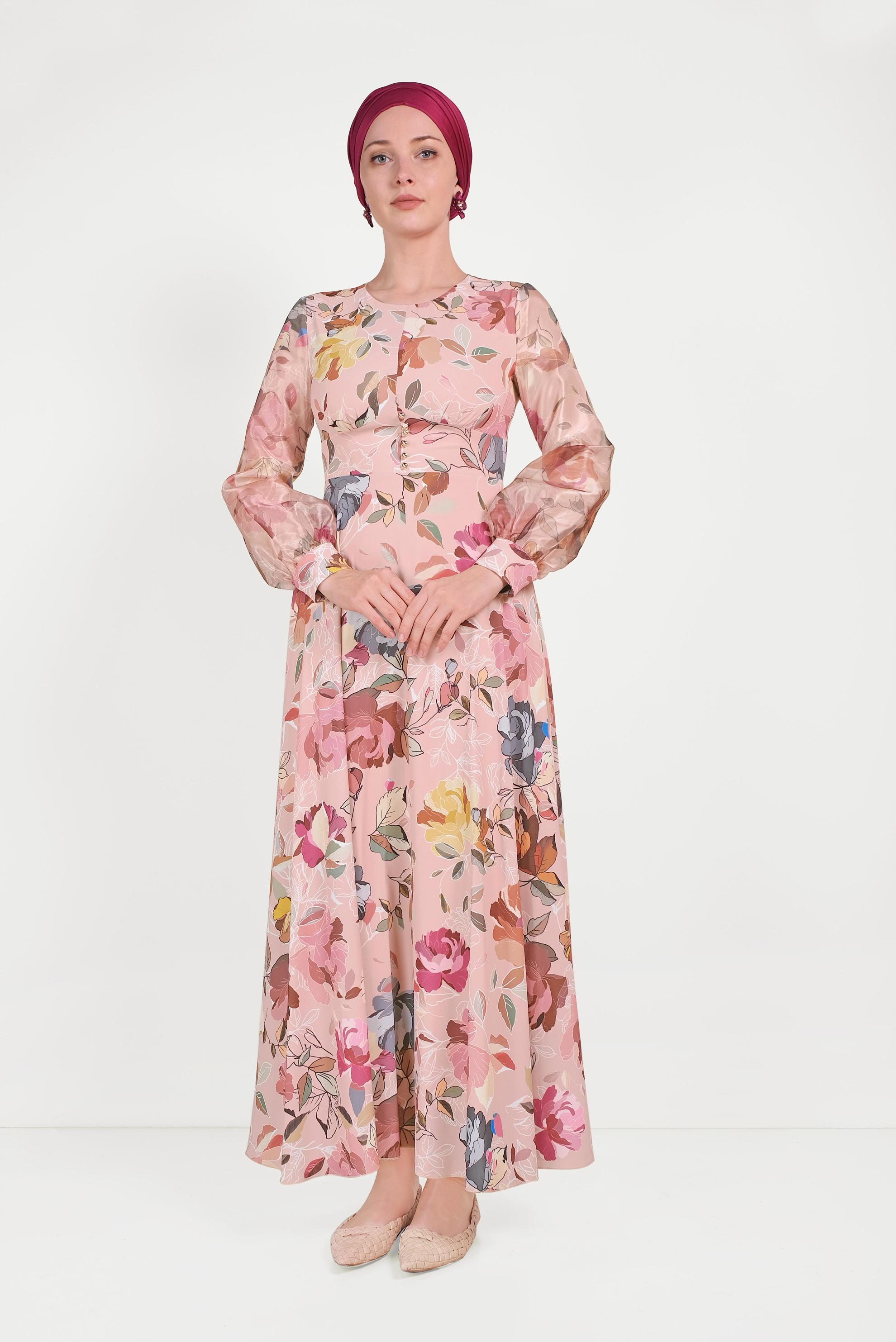 Tesettür giyim PUDRA ÇİÇEK DESENLİ ELBİSE 40501