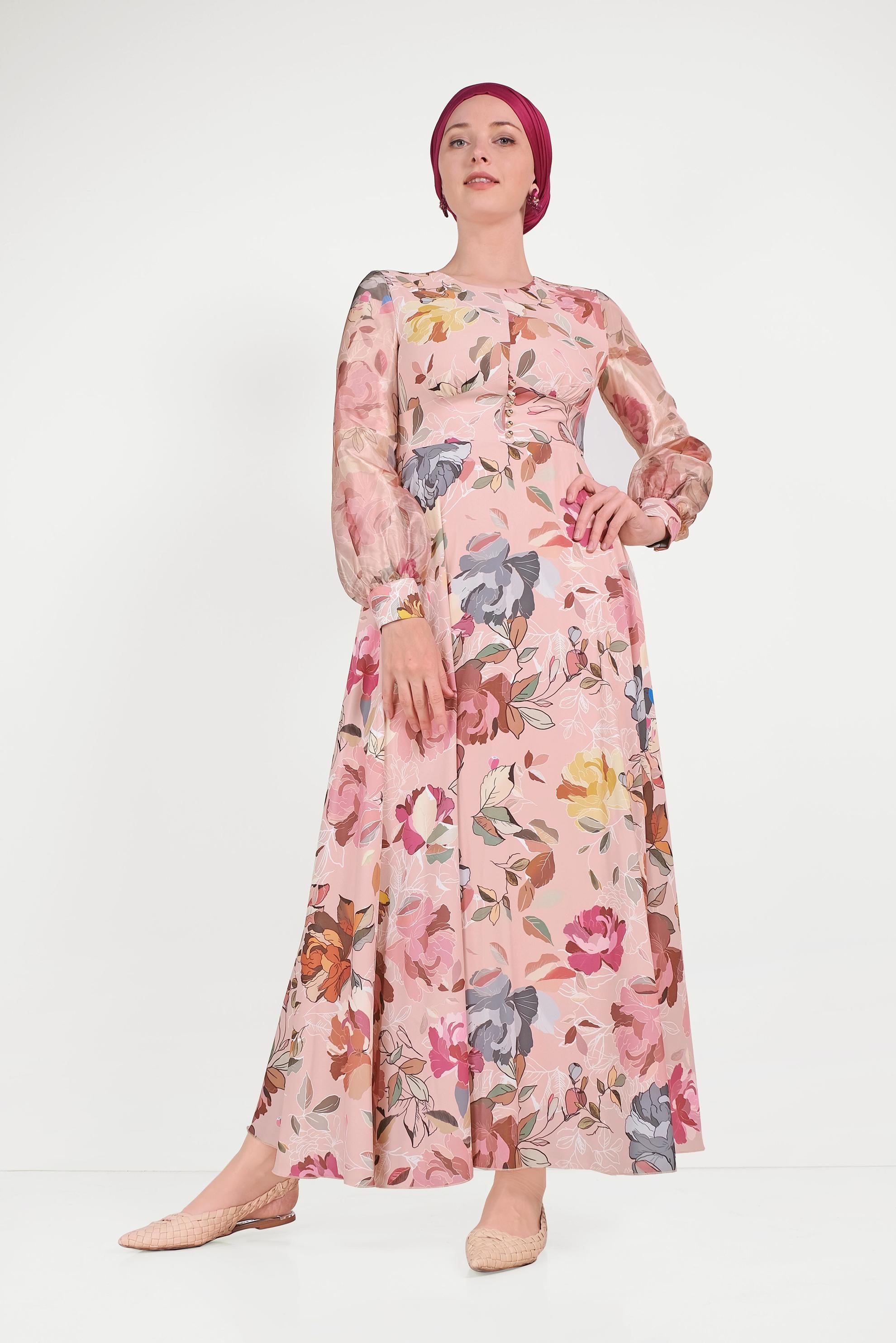 Tesettür giyim PUDRA ÇİÇEK DESENLİ ELBİSE 40501