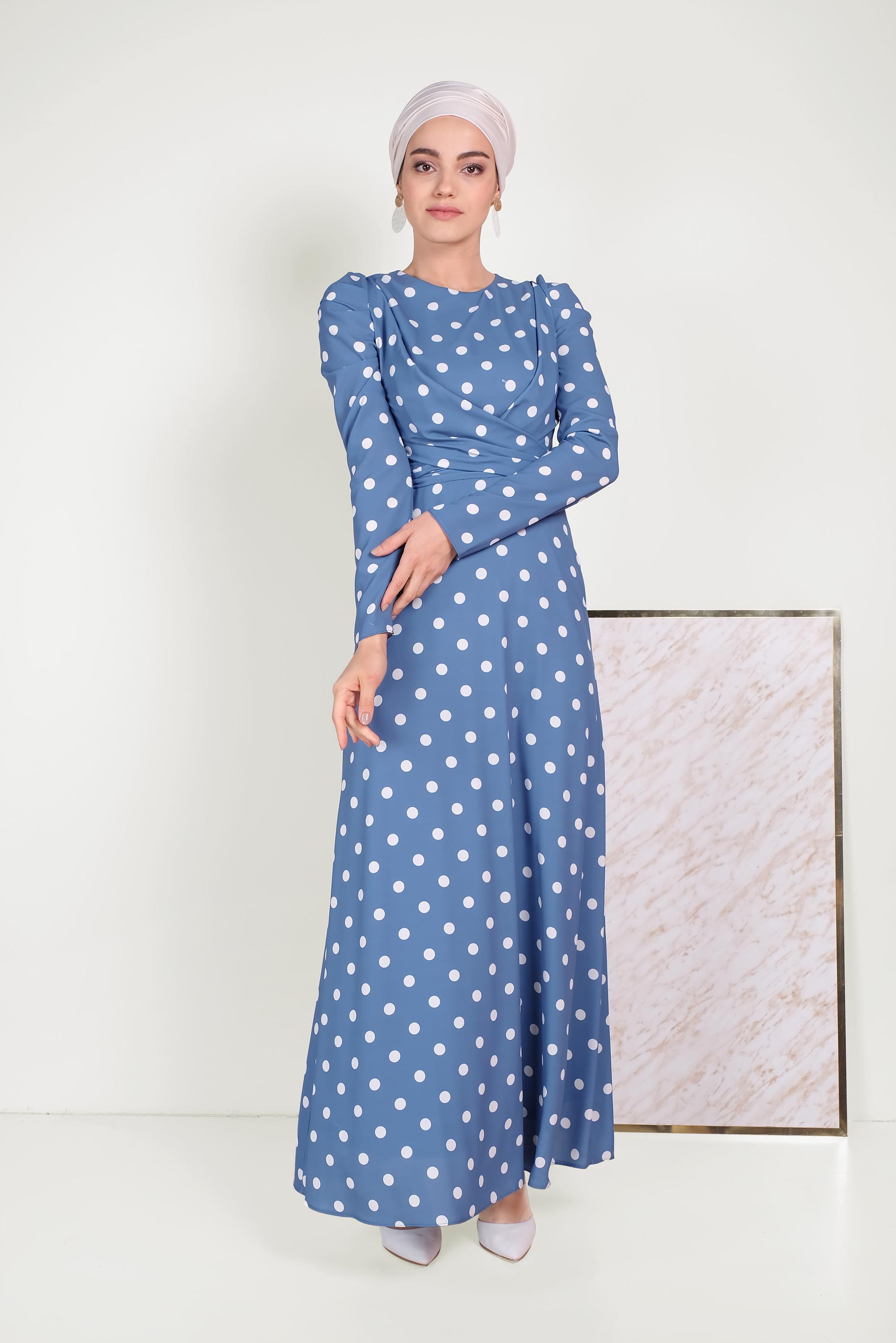 Tesettür giyim LACİVERT PUANTİYE DESENLİ ELBİSE 40504