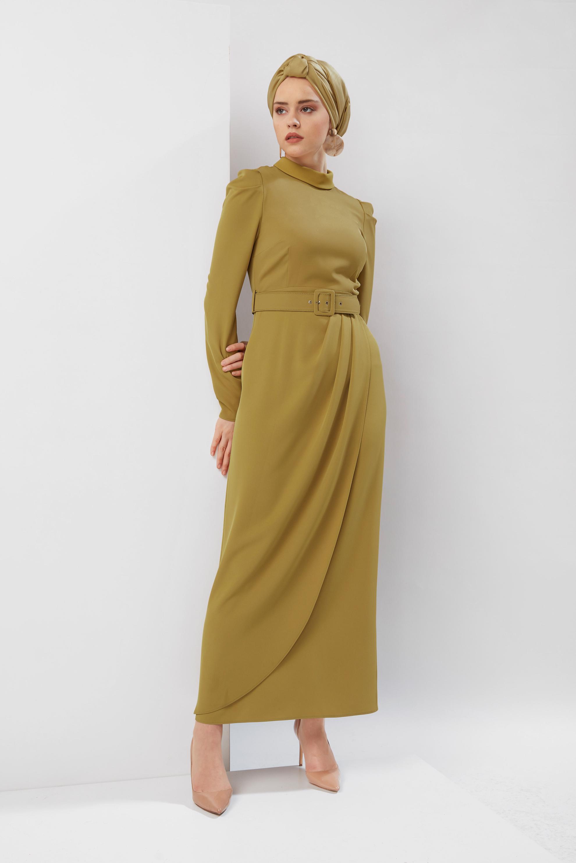 Tesettür giyim SARI KEMERLİ ELBİSE 40505