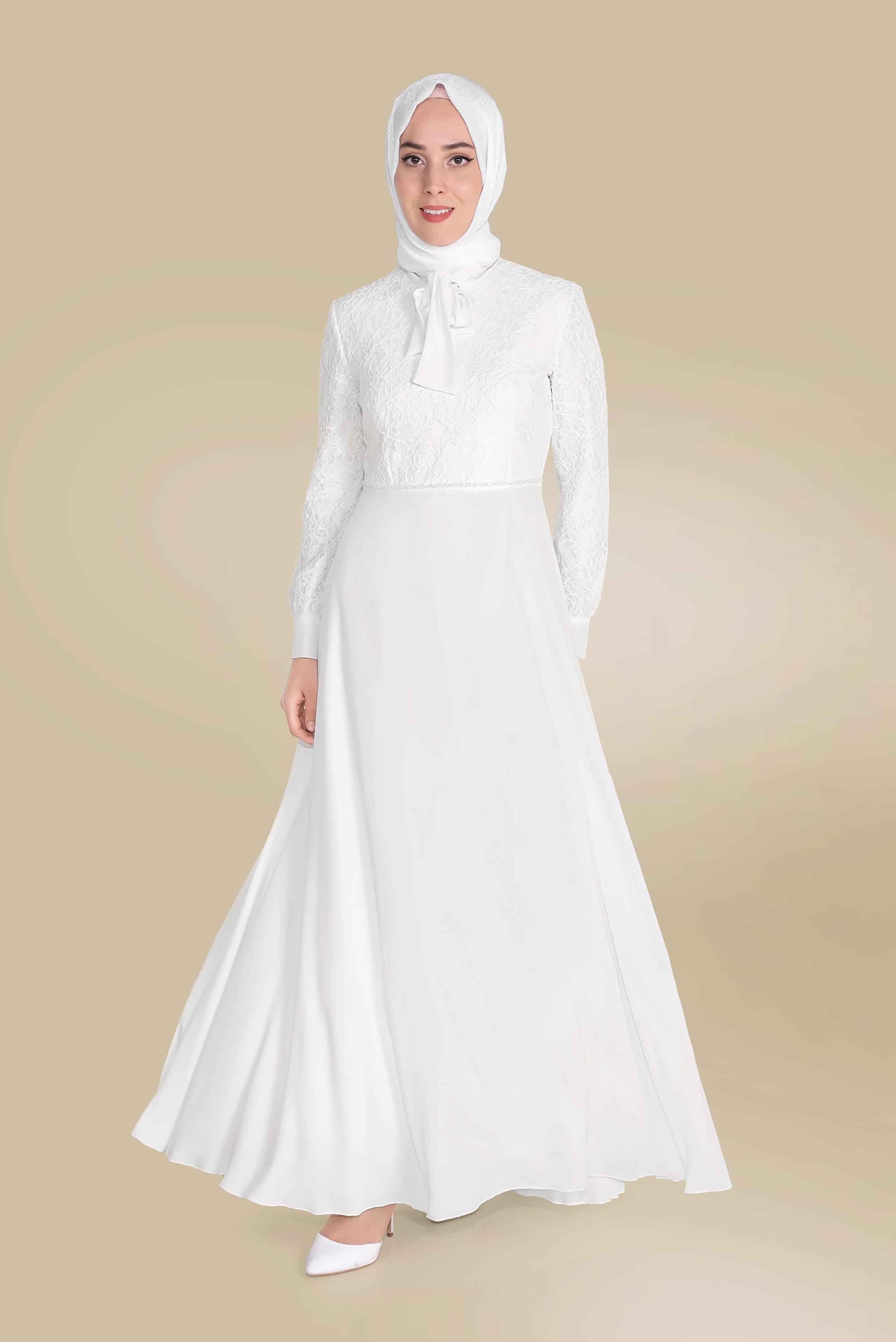 Tesettür giyim BEYAZ YAKASI BAĞLI DANTEL ELBİSE 40522
