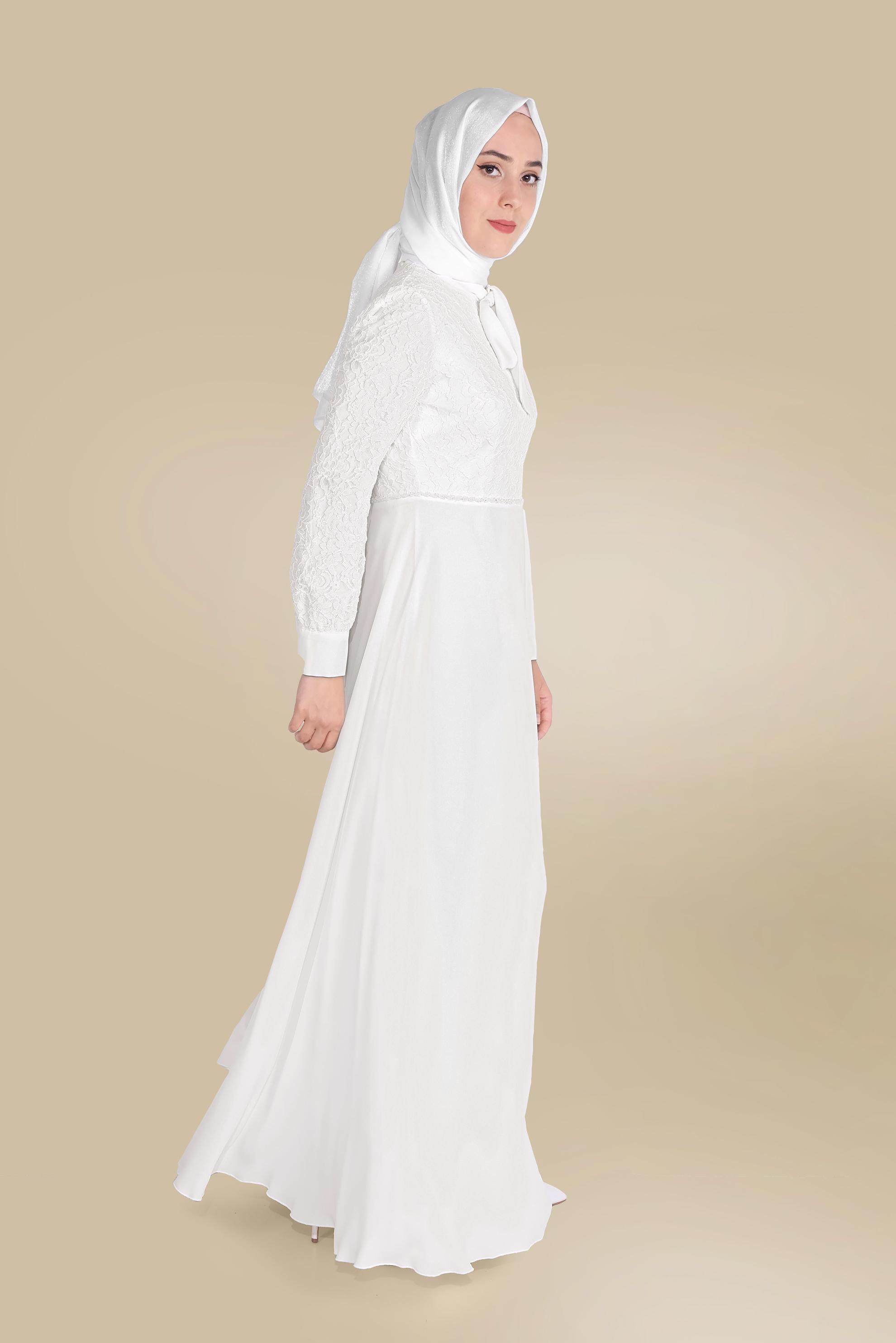 Tesettür giyim BEYAZ YAKASI BAĞLI DANTEL ELBİSE 40522