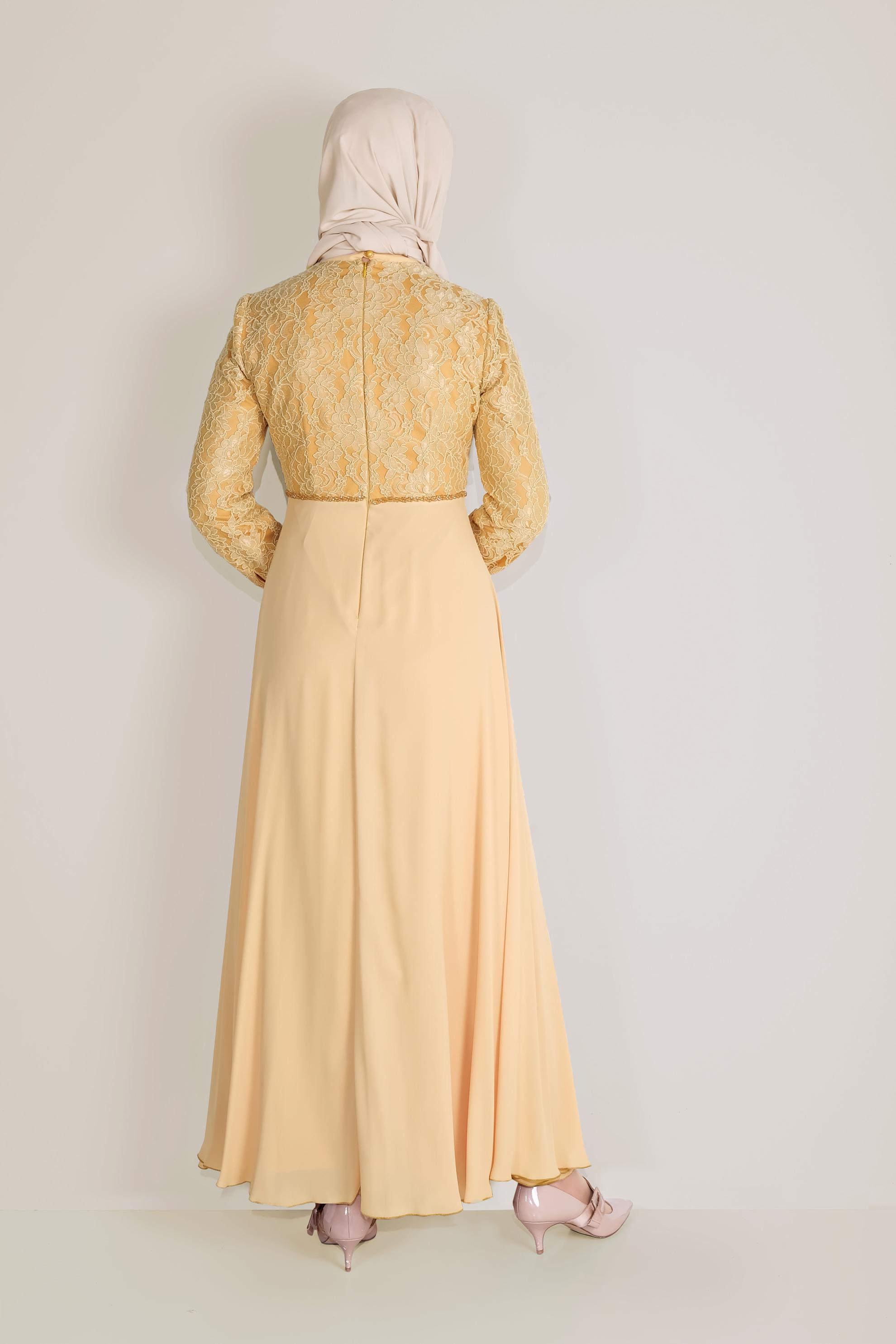 Tesettür giyim ALTIN YAKASI BAĞLI DANTEL ELBİSE 40522