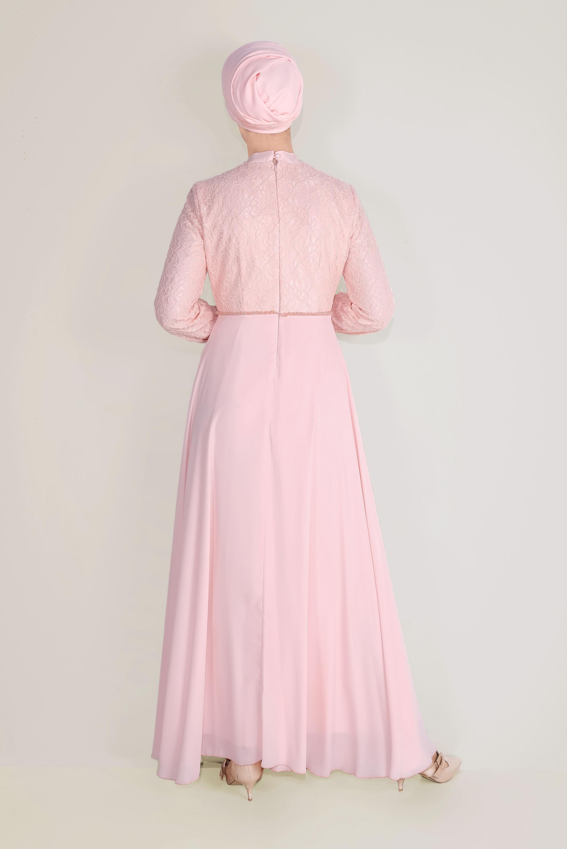 Tesettür giyim PUDRA YAKASI BAĞLI DANTEL ELBİSE 40522
