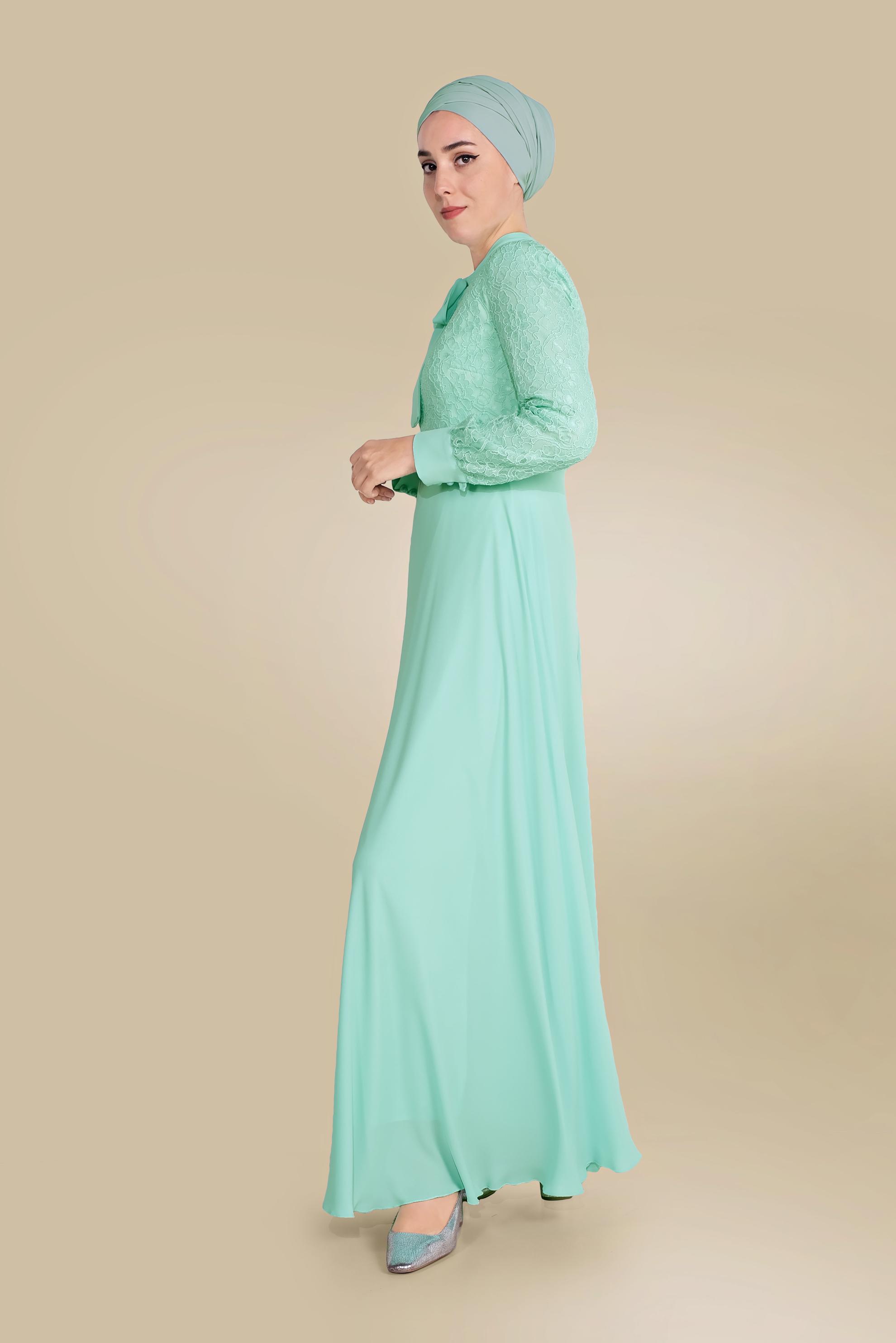 Tesettür giyim YEŞİL YAKASI BAĞLI DANTEL ELBİSE 40522