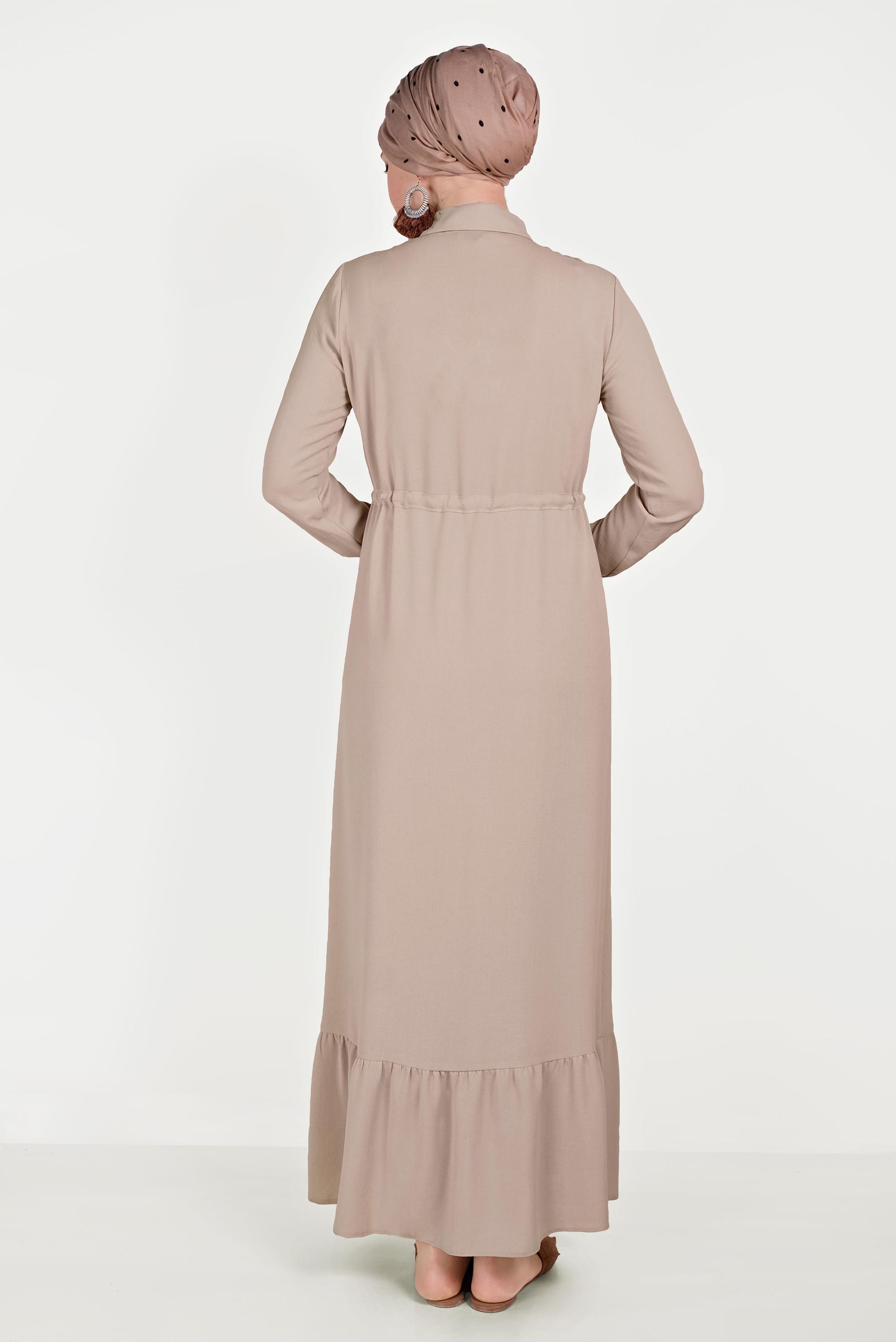 Hijab clothing BEIGE SMOCKING DETAIL BUTTONED DRESS 40523 