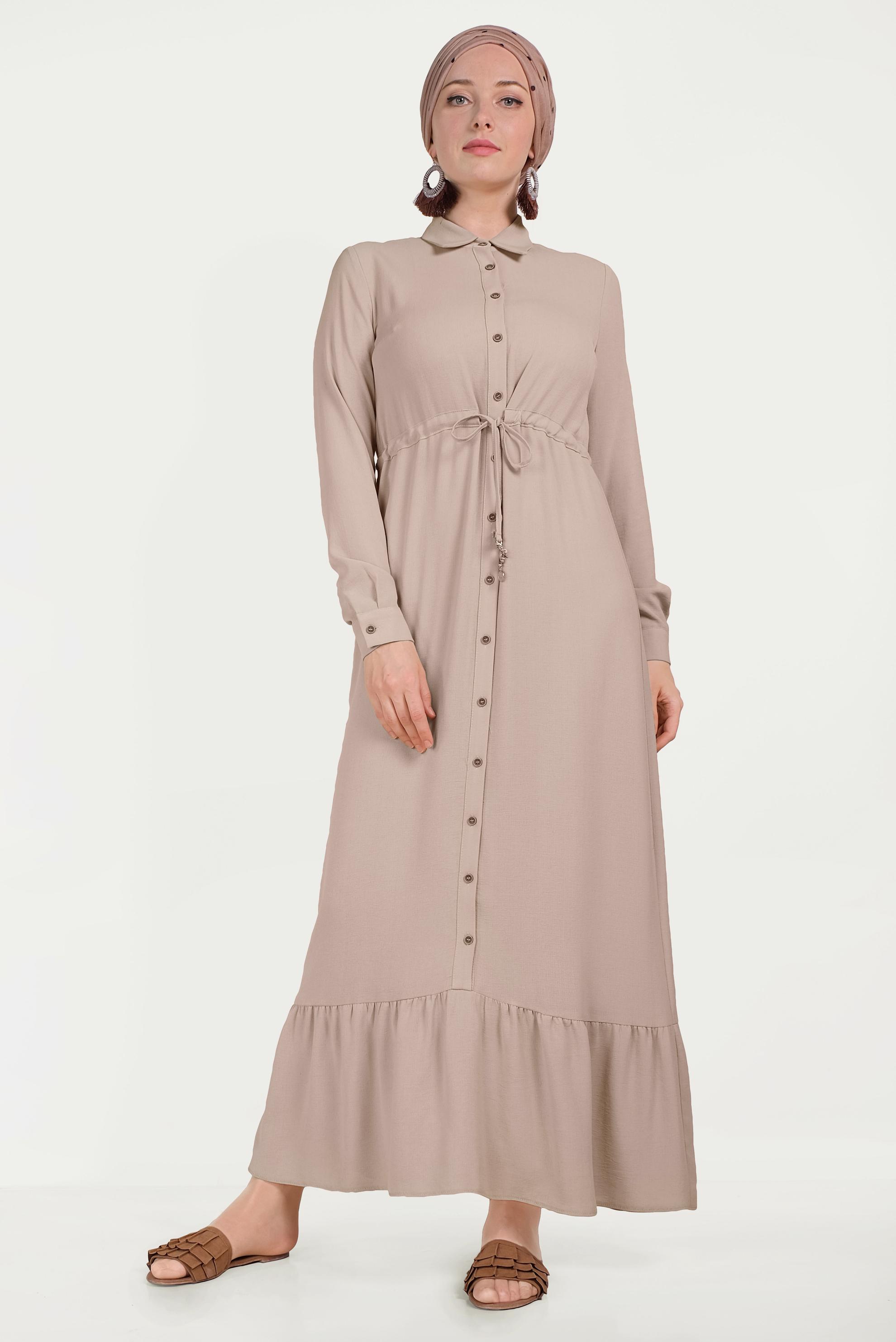Hijab clothing BEIGE SMOCKING DETAIL BUTTONED DRESS 40523 