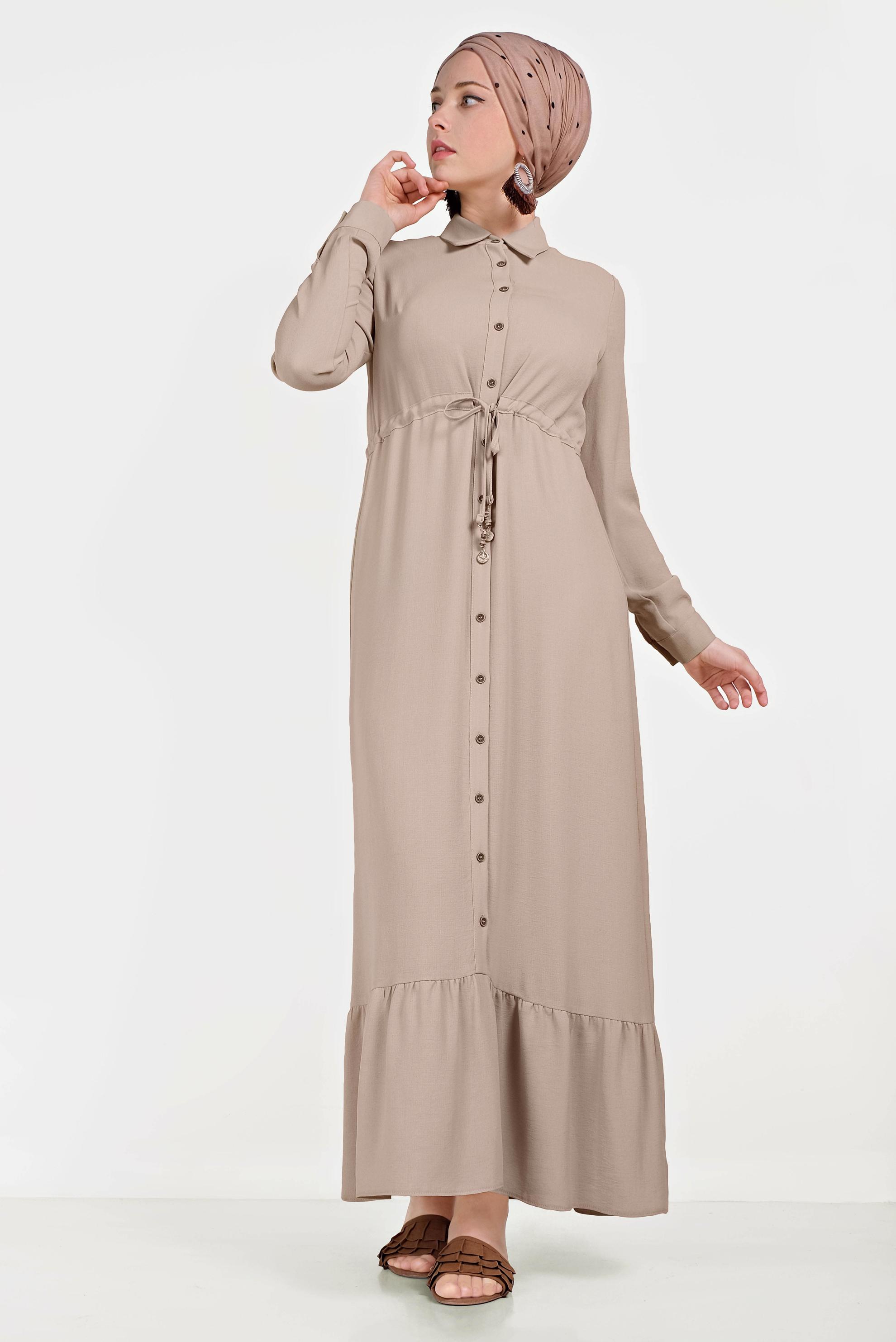 Hijab clothing BEIGE SMOCKING DETAIL BUTTONED DRESS 40523 