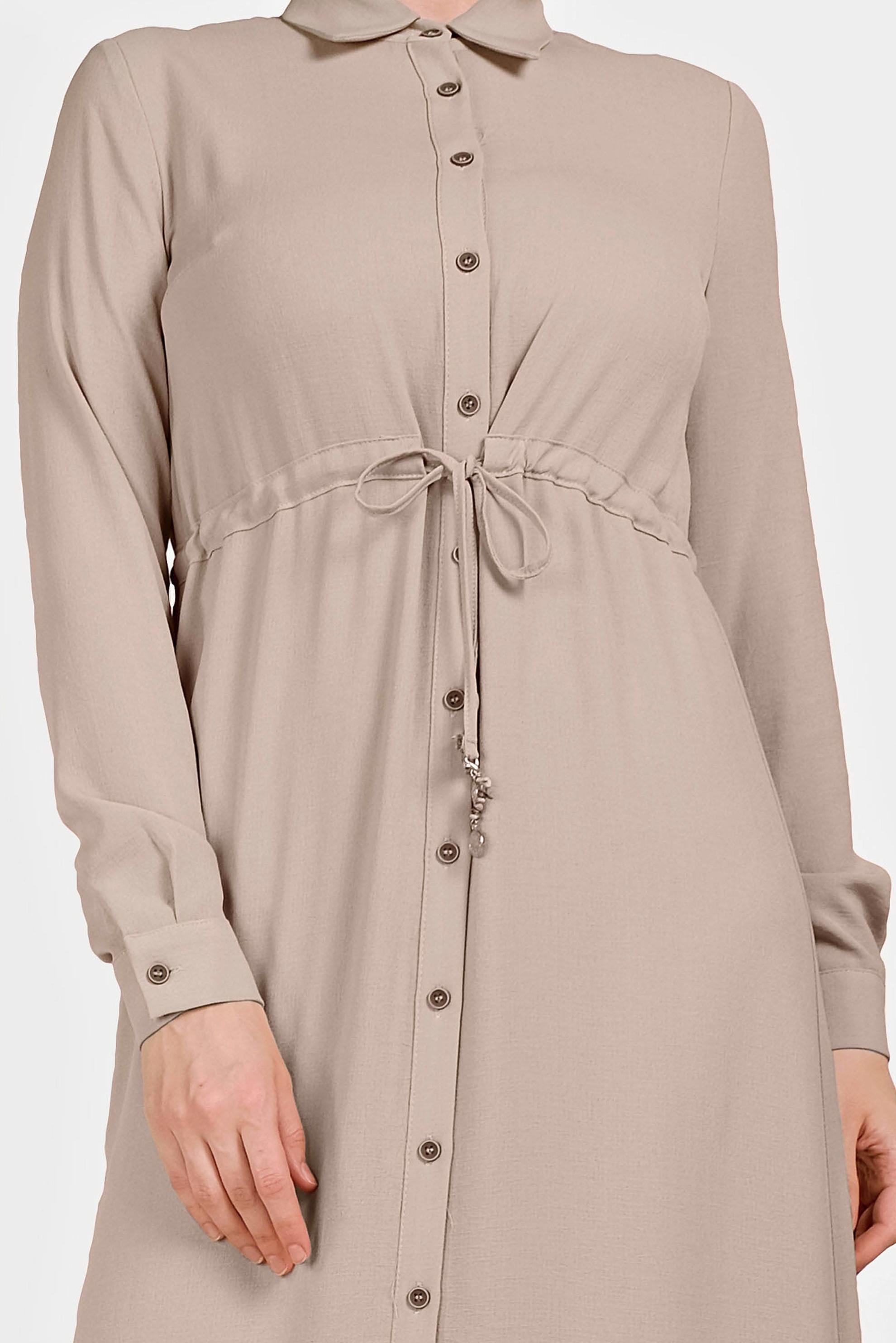 Hijab clothing BEIGE SMOCKING DETAIL BUTTONED DRESS 40523 