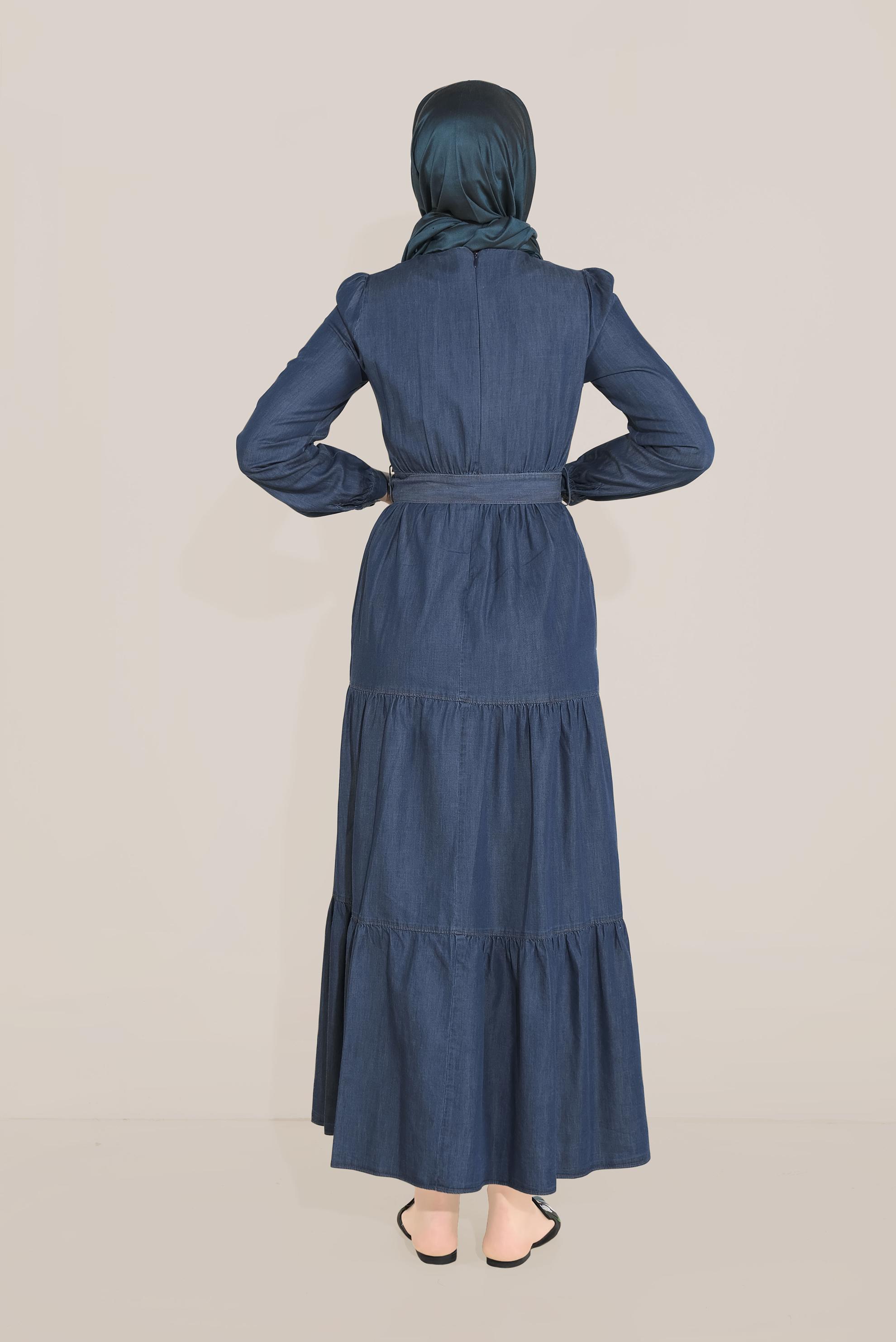 Tesettür giyim LACİVERT BOYDAN DÜĞMELİ KEMERLİ DENİM ELBİSE 40540