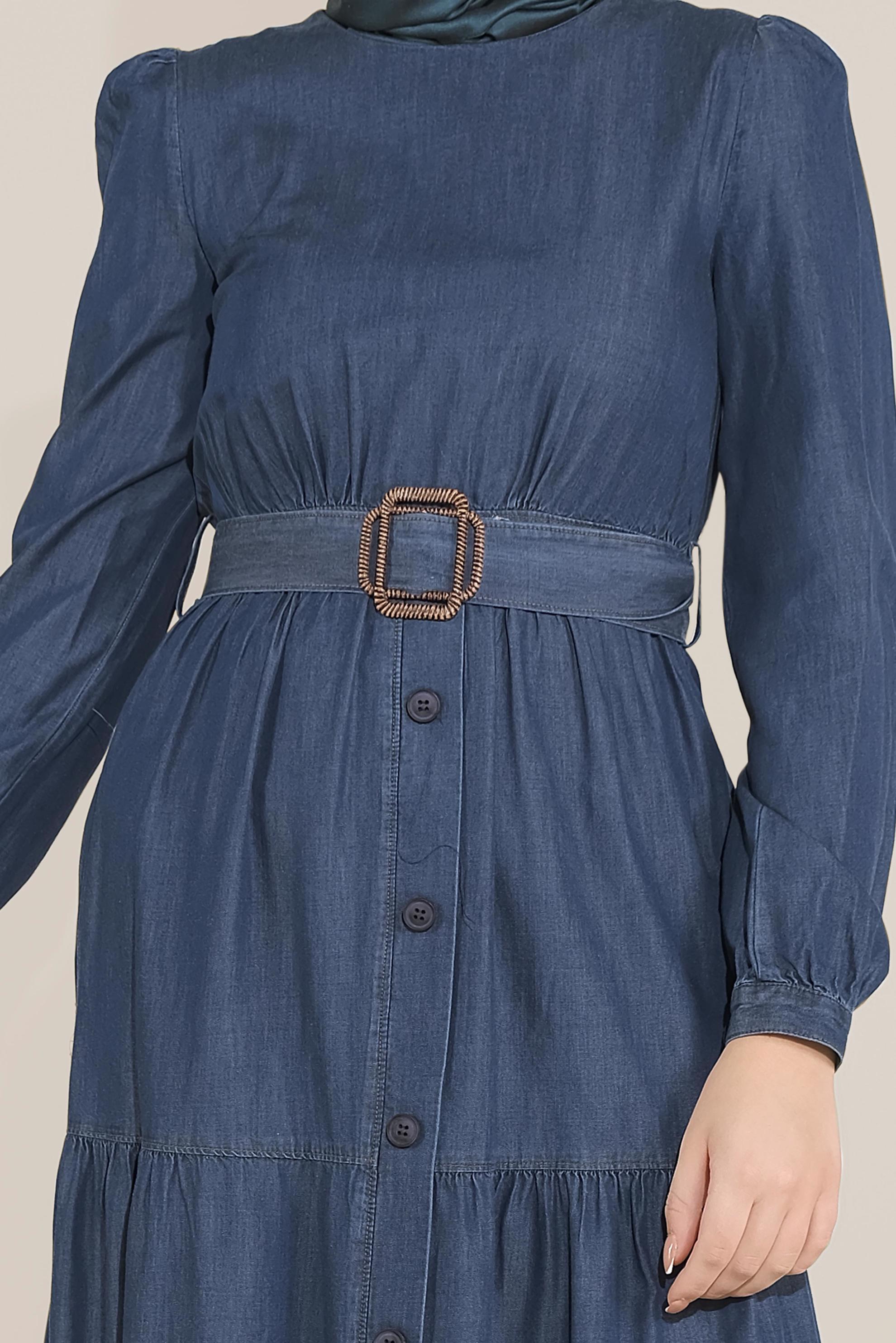 Tesettür giyim LACİVERT BOYDAN DÜĞMELİ KEMERLİ DENİM ELBİSE 40540