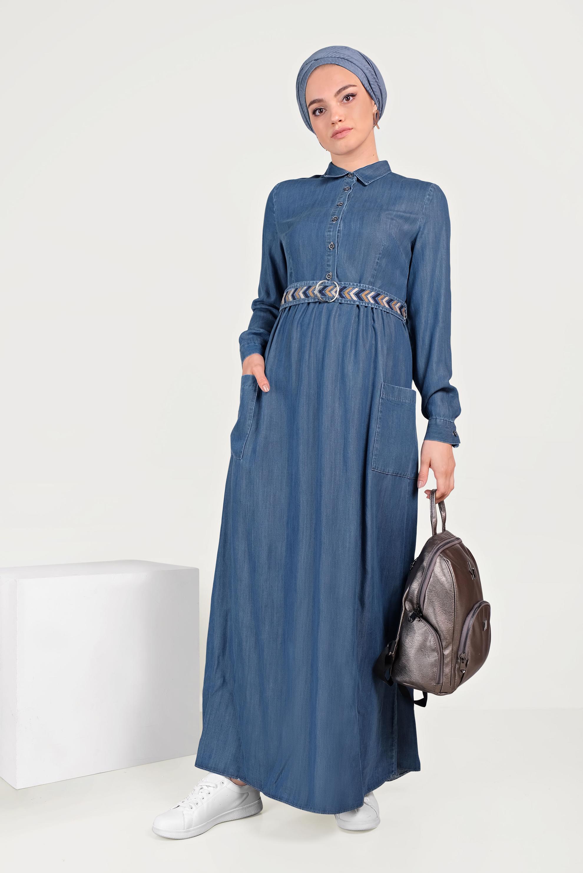 Tesettür giyim LACİVERT DÜĞME DETAYLI DENİM ELBİSE 40541