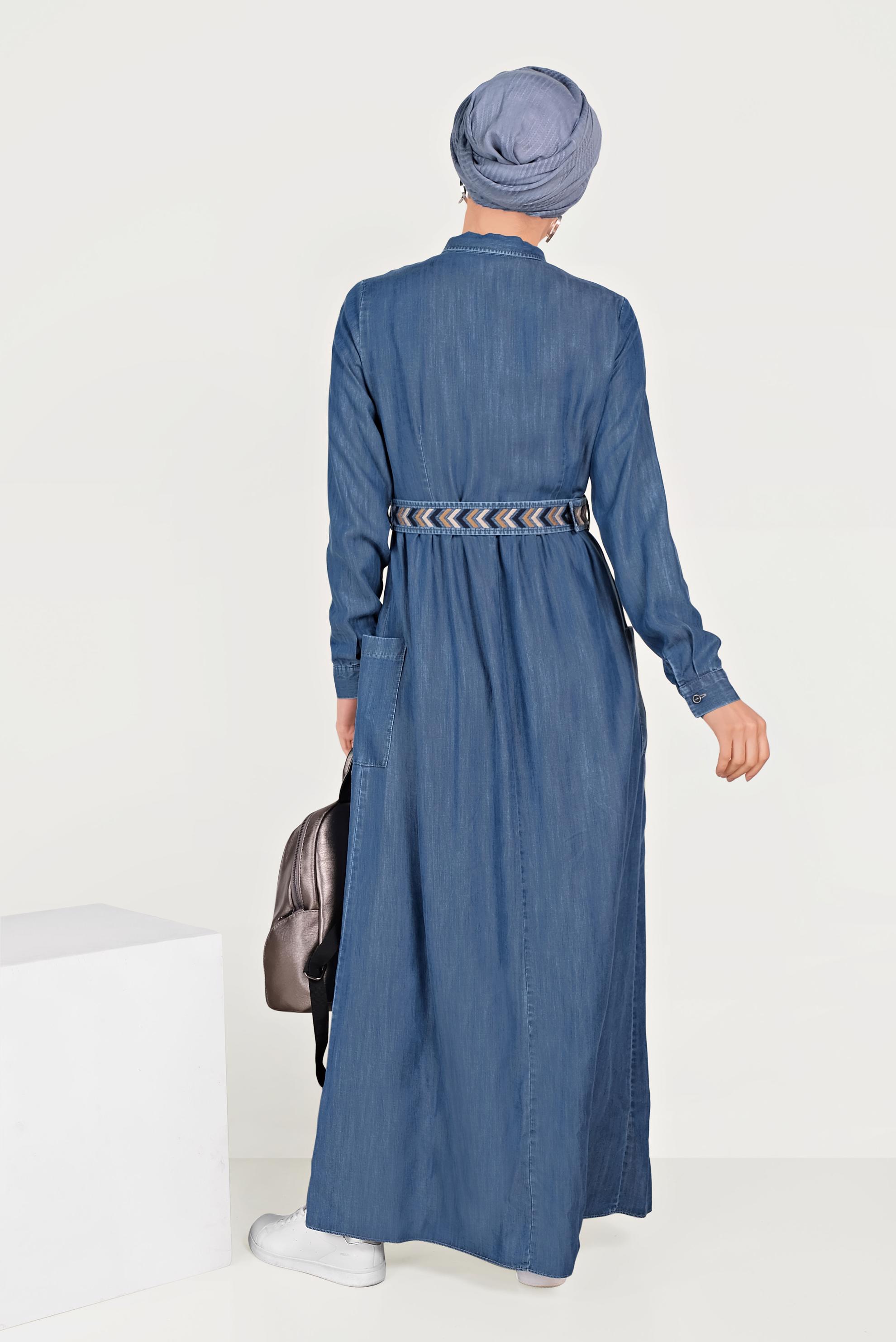 Tesettür giyim LACİVERT DÜĞME DETAYLI DENİM ELBİSE 40541