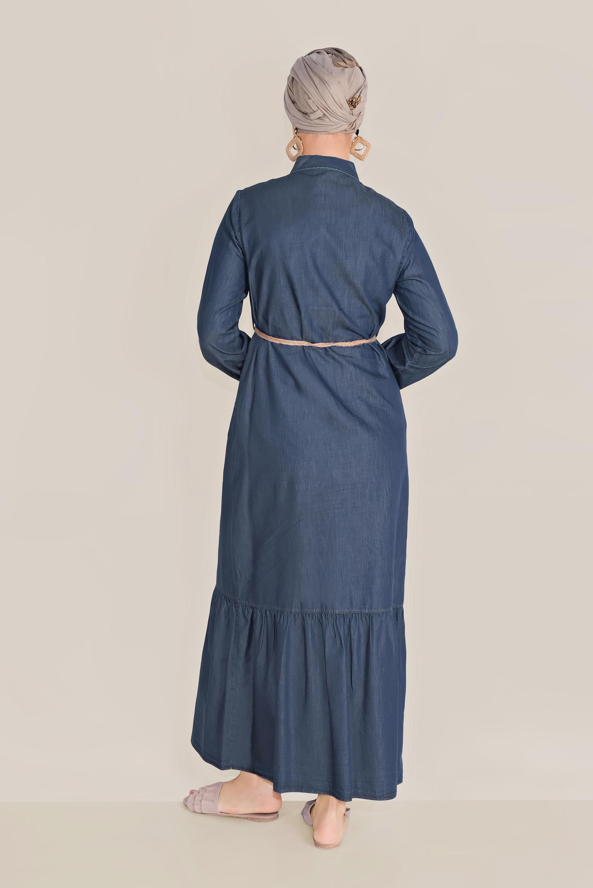 Tesettür giyim LACİVERT BOYDAN DÜĞMELİ DENİM ELBİSE 40542 